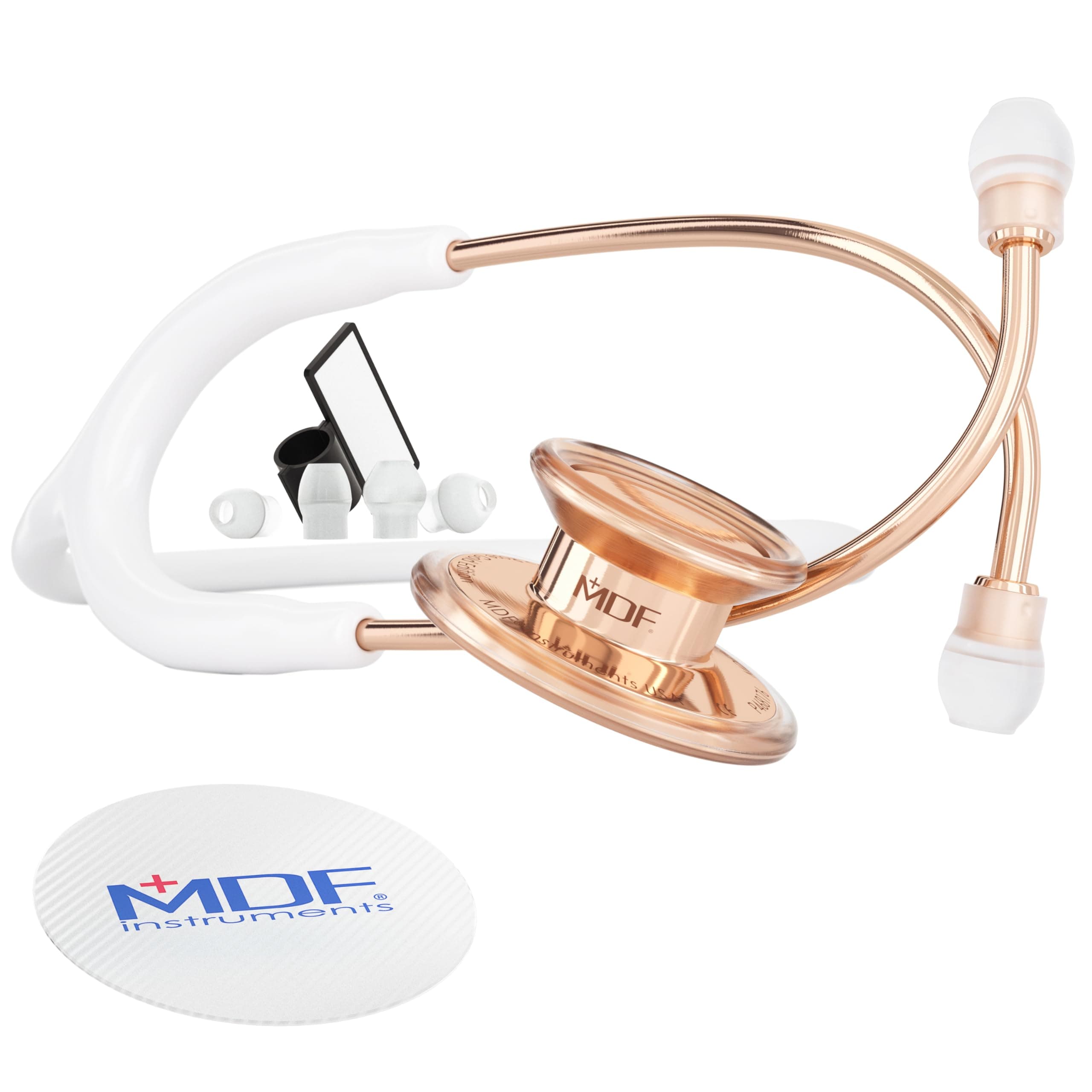 MDF Instruments, RoseGold MD One Stainless Steel Stethoscope, Adult, White Tube, RoseGold Chestpieces-Headset, MDF777RG29