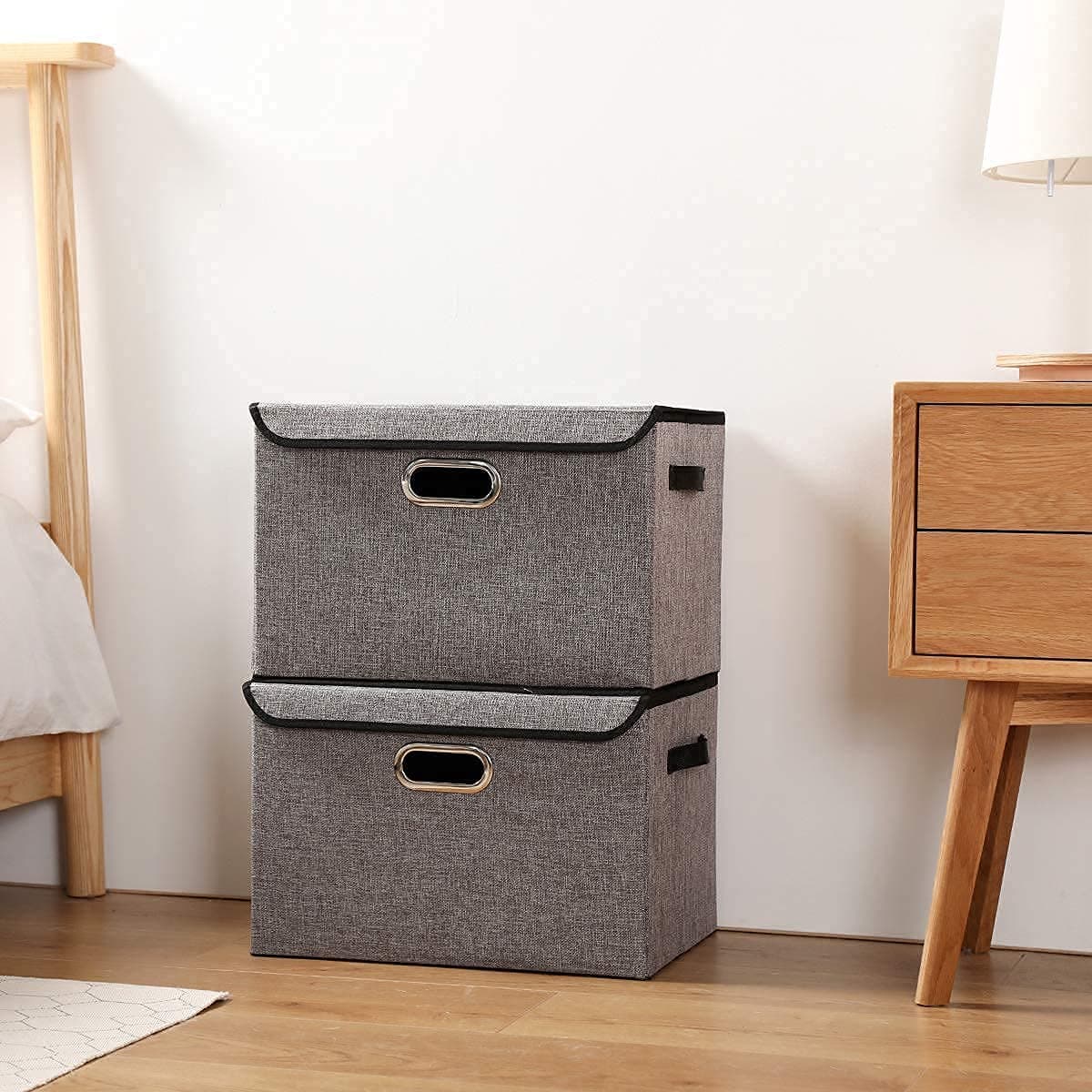 Seckon Large Capacity Storage Box Container with Lid [2-Pack] Linen Storage Bins with Metal Handles for Office, Home