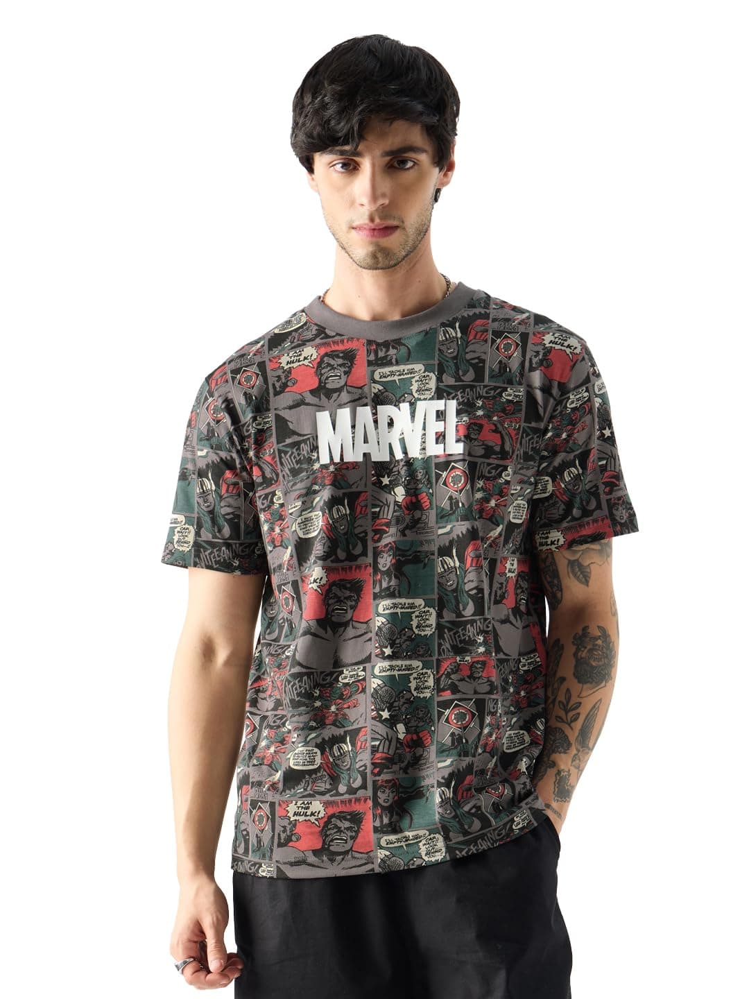 The Souled StoreOfficial Marvel: Comic Nerd Men and Boys Short Sleeves Round Neck Grey All Over Printed Cotton T-Shirts