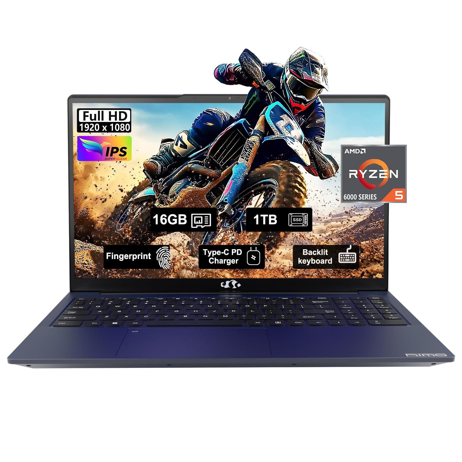 NIMO 15.6 FHD-Laptop,6-Cores AMD Ryzen 5 6600H 660M 6nm GPU, 16GB DDR5 1TB SSD (Beat i5-12450H) IPS 100W Type-C Gaming Business Laptops-Computer with Fingerprint Backlit Keyboard WiFi5 Win 11