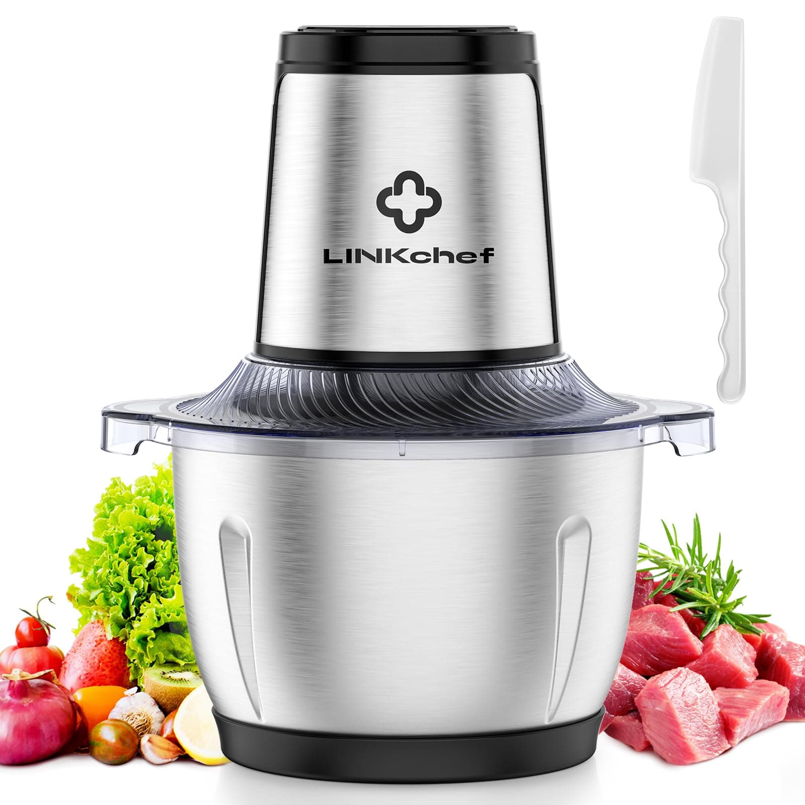 LINKChef Mini Food Chopper 250 Watts Food Processor Onion Vegetable Garlic Chopper Electric 4 Bi-Level Blades 1.2L Robust Stainless Steel Bowl With 500Ml Silver/Black(Fc-5125)- 3 Yr (Silver A)
