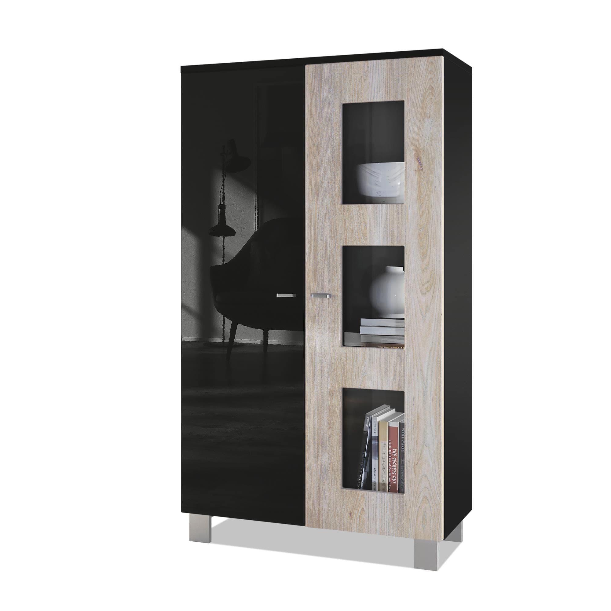 Vladon Denjo Display Cabinet, Free-Standing Display Case with 2 Doors and 3 Glass Panels, Black matt/Black High Gloss/Oak Nordic