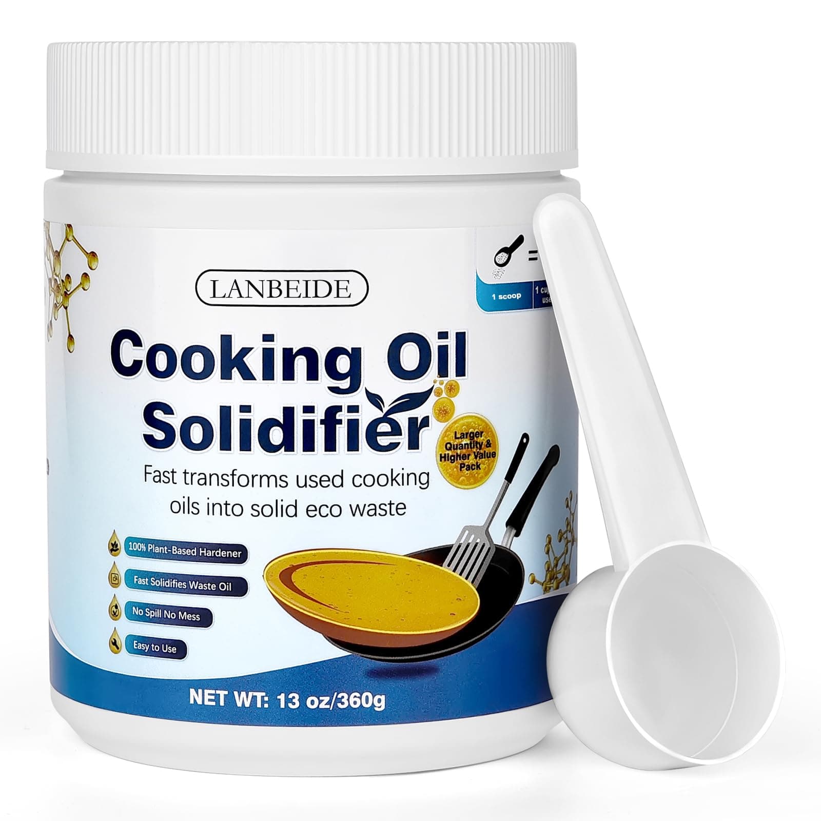 LANBEIDE Cooking Oil Solidifier Powder - Solidifies Up to 36 Cups, 100% Plant-Based Oil Hardener for Easy Disposal, 13 Oz