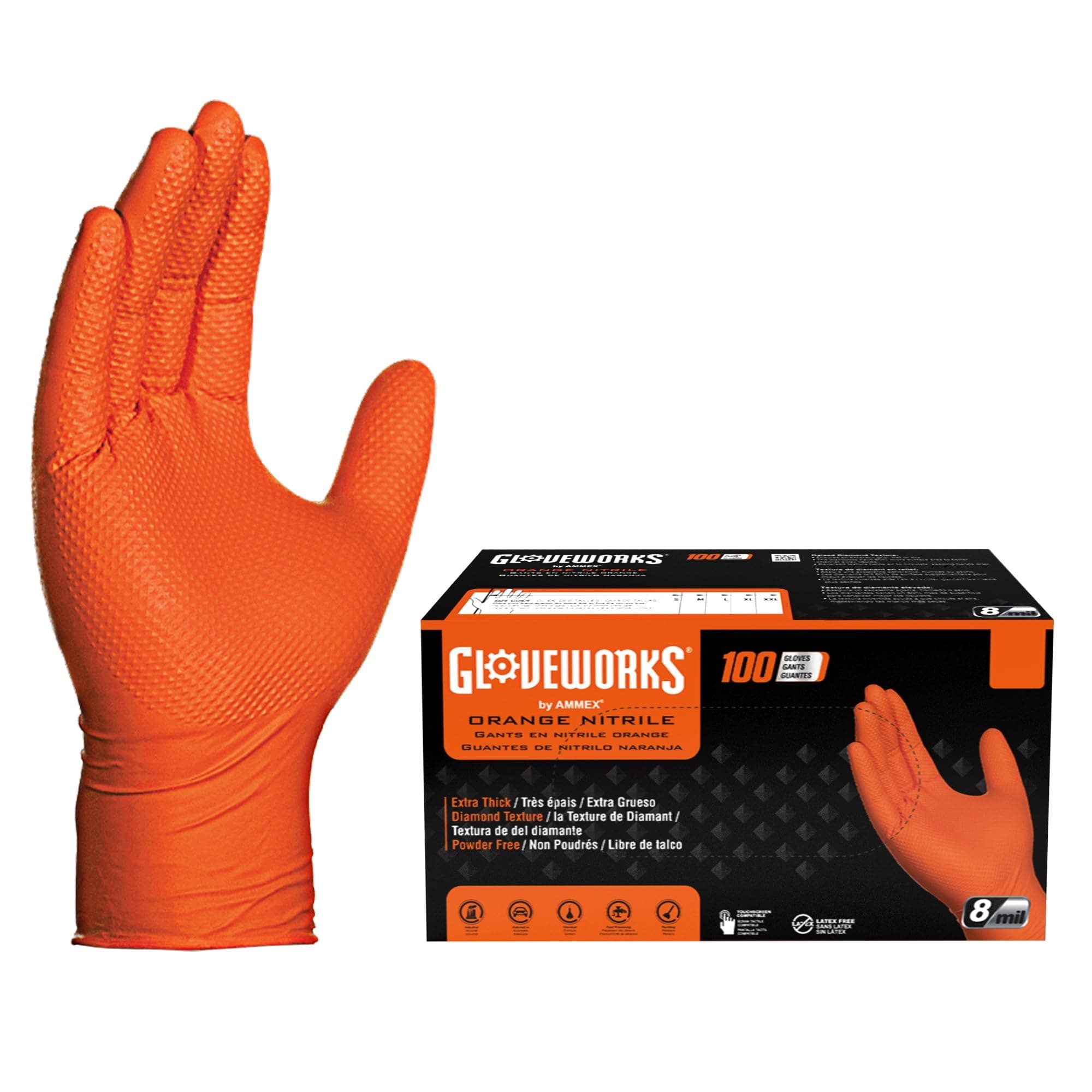 Gloveworks 8 Mil Orange Nitrile Disposable Gloves Heavy Duty Industrial RDT for Mechanic and Automotive, XXL Box of 100