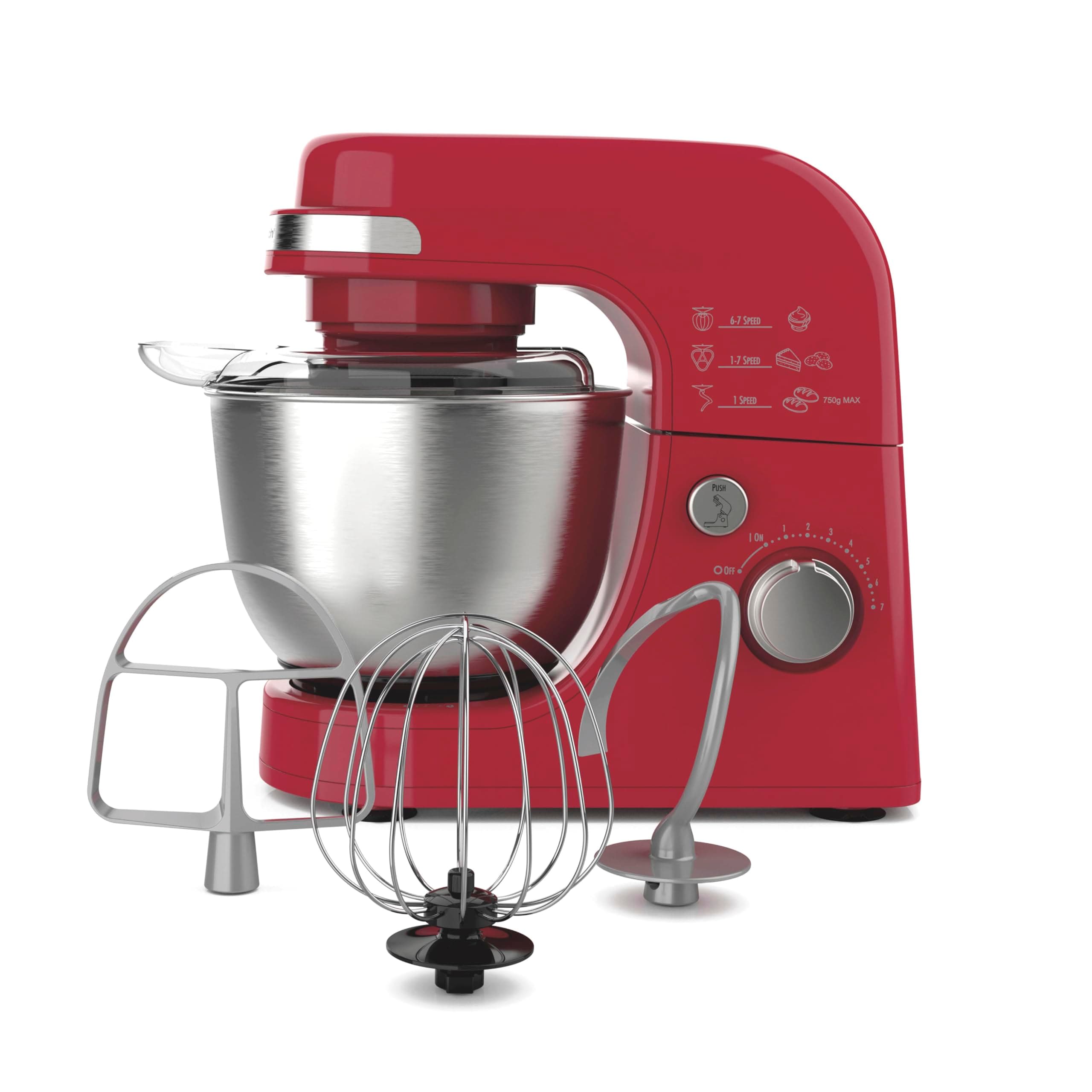 Hamilton Beach Electric Stand Mixer, 4 Quarts, Dough Hook, Flat Beater Attachments, Splash Guard 7 Speeds with Whisk, Red
