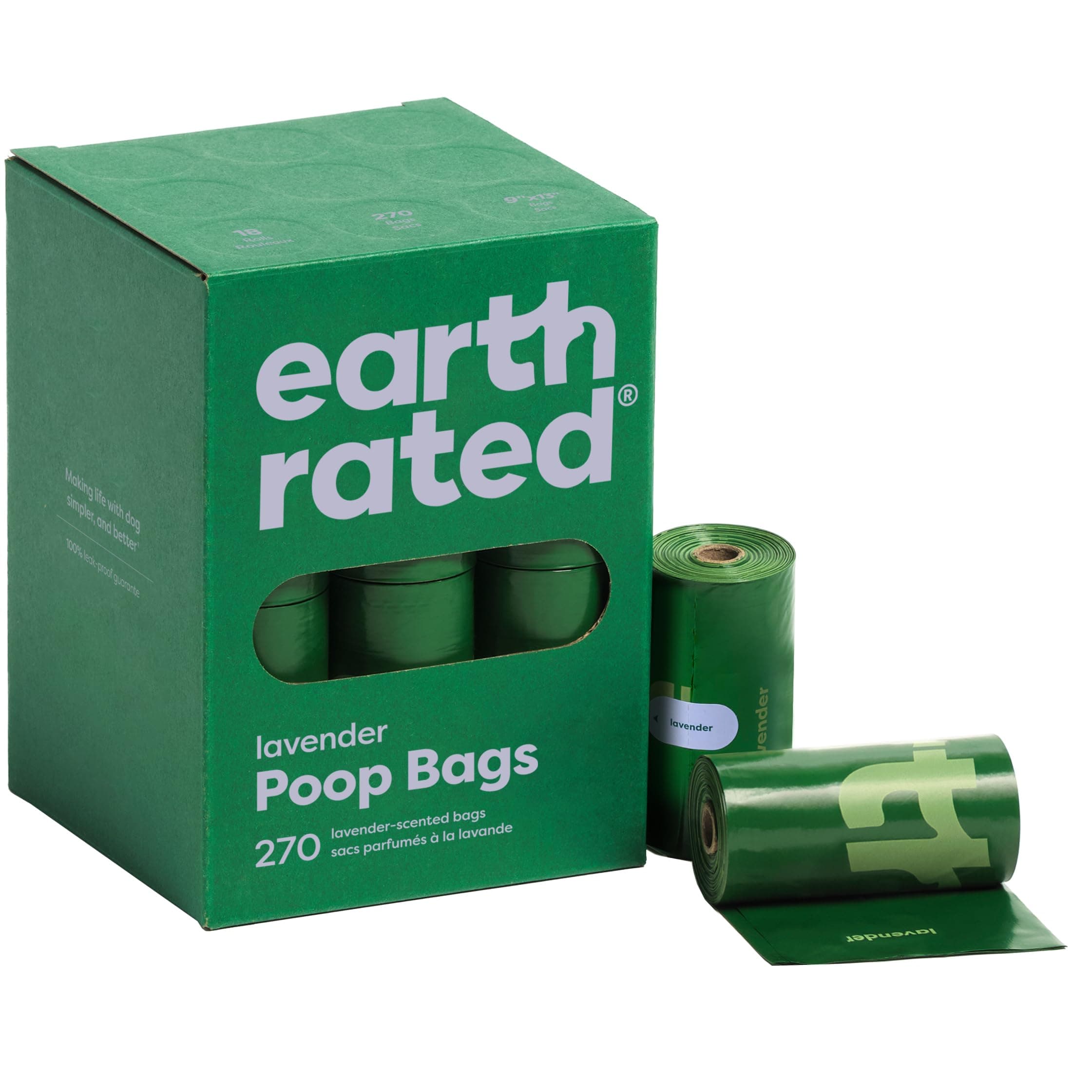 Earth Rated - Poop Bags - Dog Trash Bags - Lavender Scent - Fully Leak Proof - 15 Trash Bags Per Roll - 9 x 13 Inches - 270 Bags