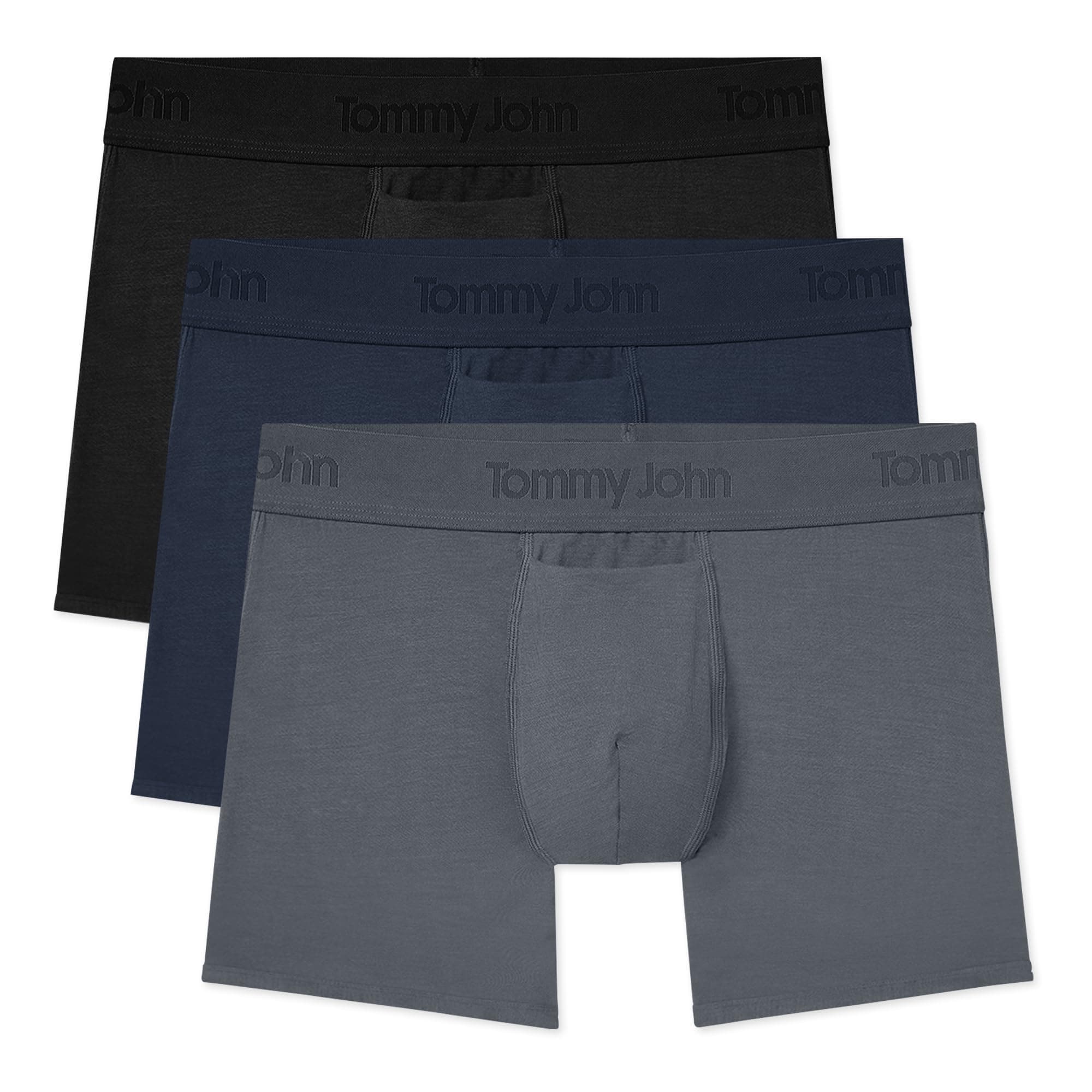 Tommy John Men's Trunk 4" Underwear 2nd Skin Boxer with Support Contour Pouch, Soft Breathable Stretch Fabric Boxer, Black/Turbulance/Dress Blue (3 Pack), Large