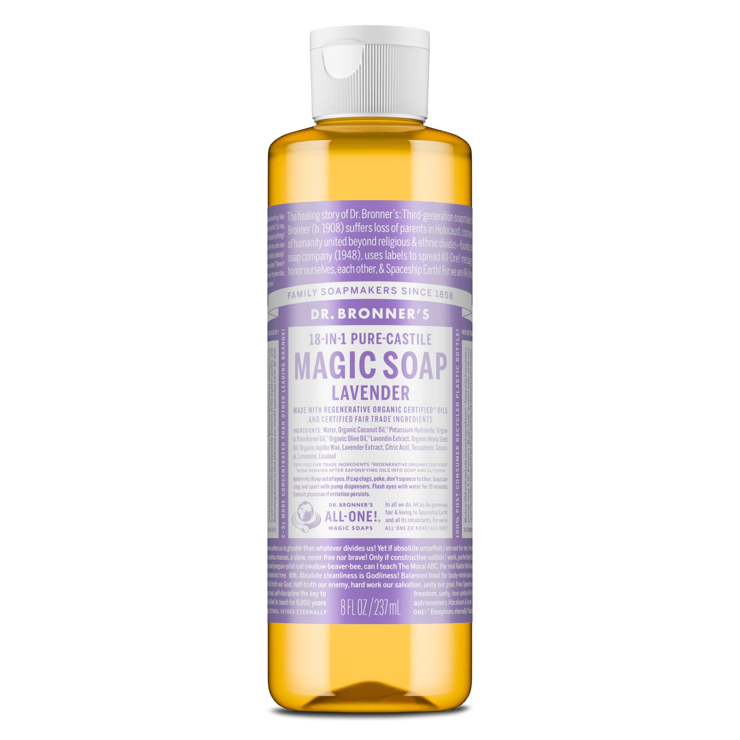 Dr. Bronner’s - Pure-Castile Liquid Soap (Lavender, 8 ounce) - Made with Organic Oils, 18-in-1 Uses: Face, Body, Hair, Laundry, Pets and Dishes, Concentrated, Vegan, Non-GMO