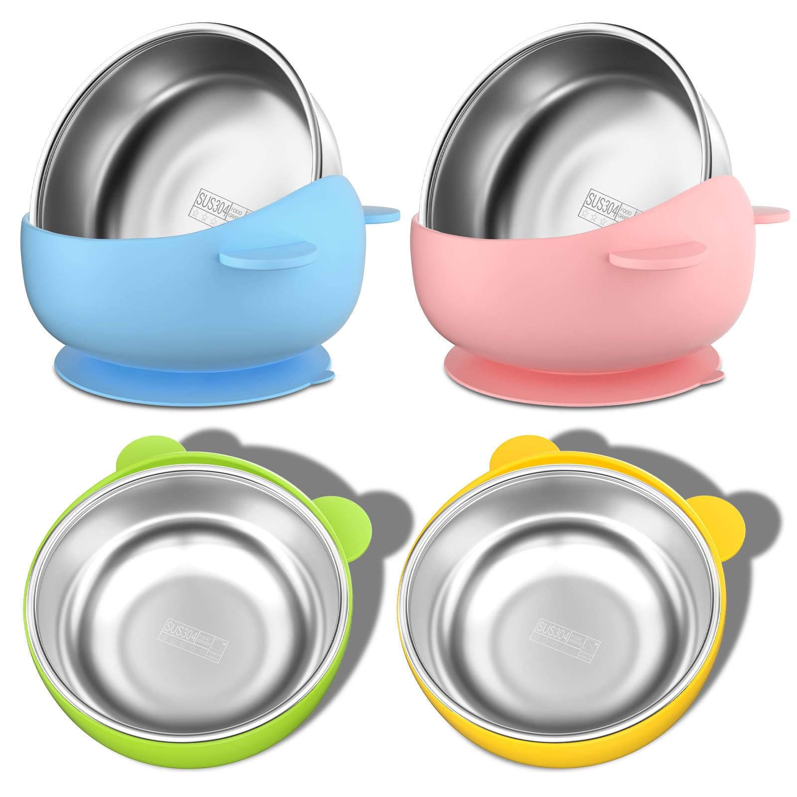 Stainless Steel Baby Bowls with Suction, 2-in-1 SUS304 Toddlers Bowl & Removable Silicone Suction Kids Bowl, Anti Scald Non Toxic Snack Container for Baby Food Feeding, 4 Colors Set