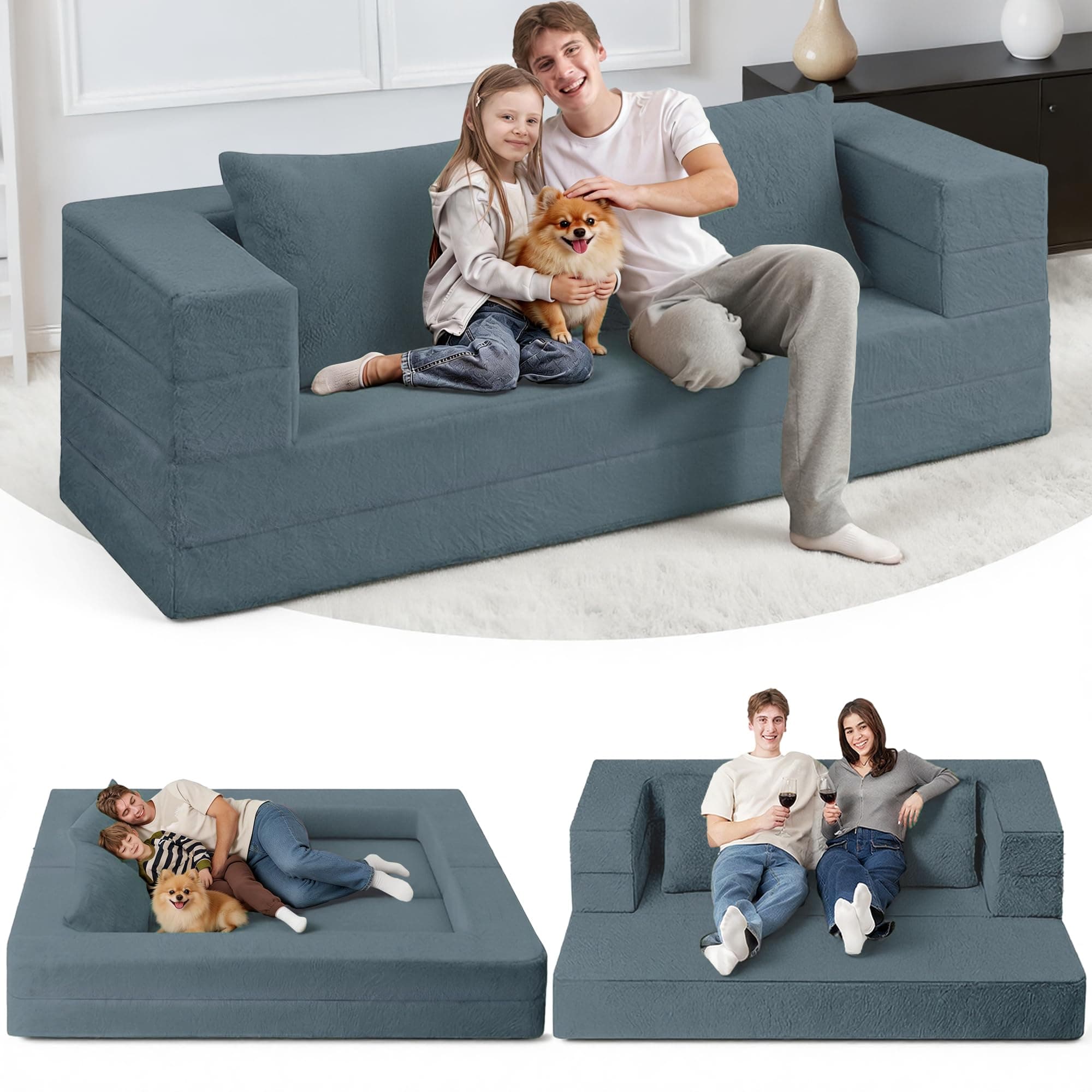 Futon Sofa Bed with Pillow, 3-in-1 Sleeper Sofa Bed with Removable Cover, Convertible Floor Sofa Bed, No Assembly Boneless Couch for Living Room, Bedroom