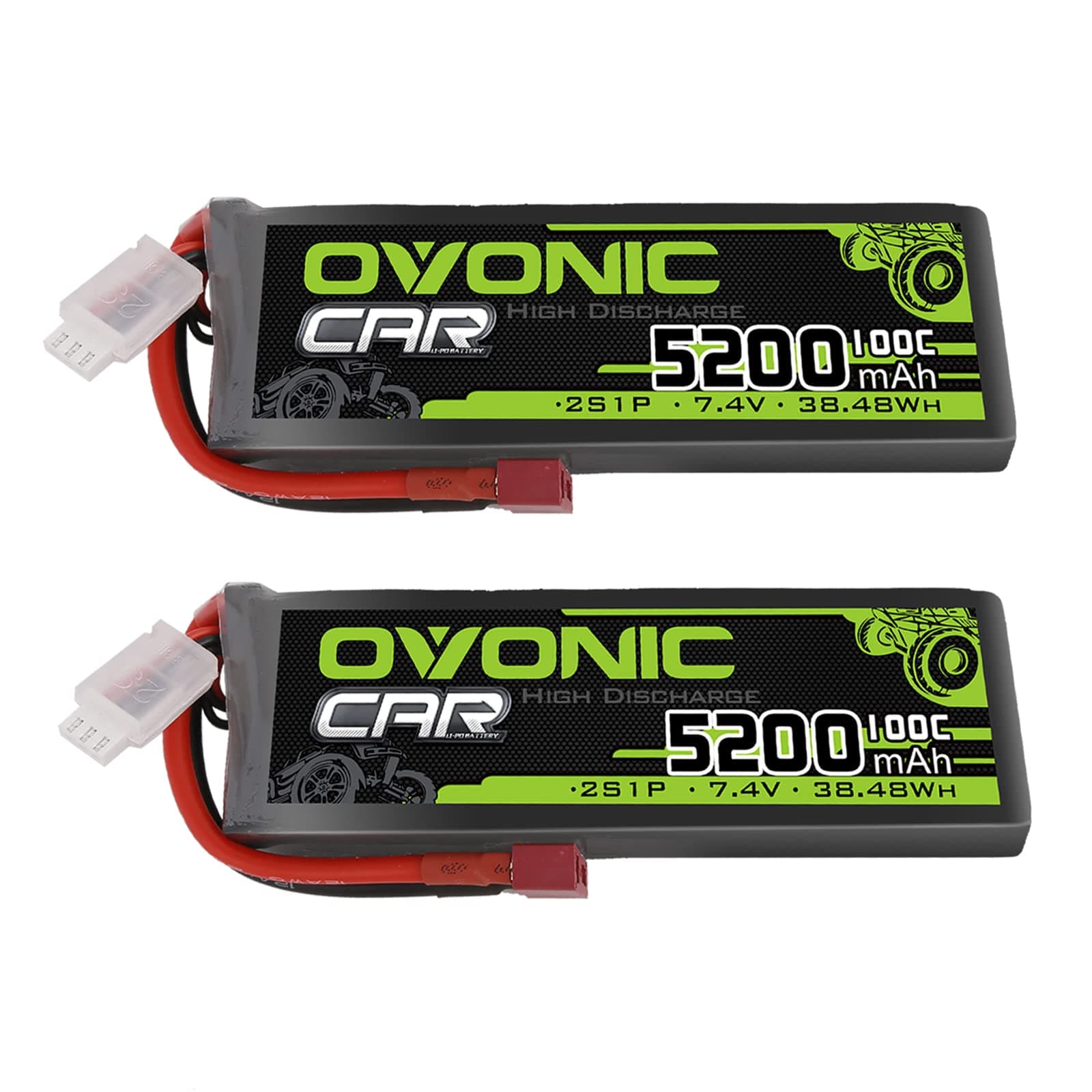 OVONIC Lipo Battery 2S Lipo Battery 7.4V 5200mAh 100C with T-Plug Connector for RC Car Truck Vehicle Buggy RC Model(2 Pack)