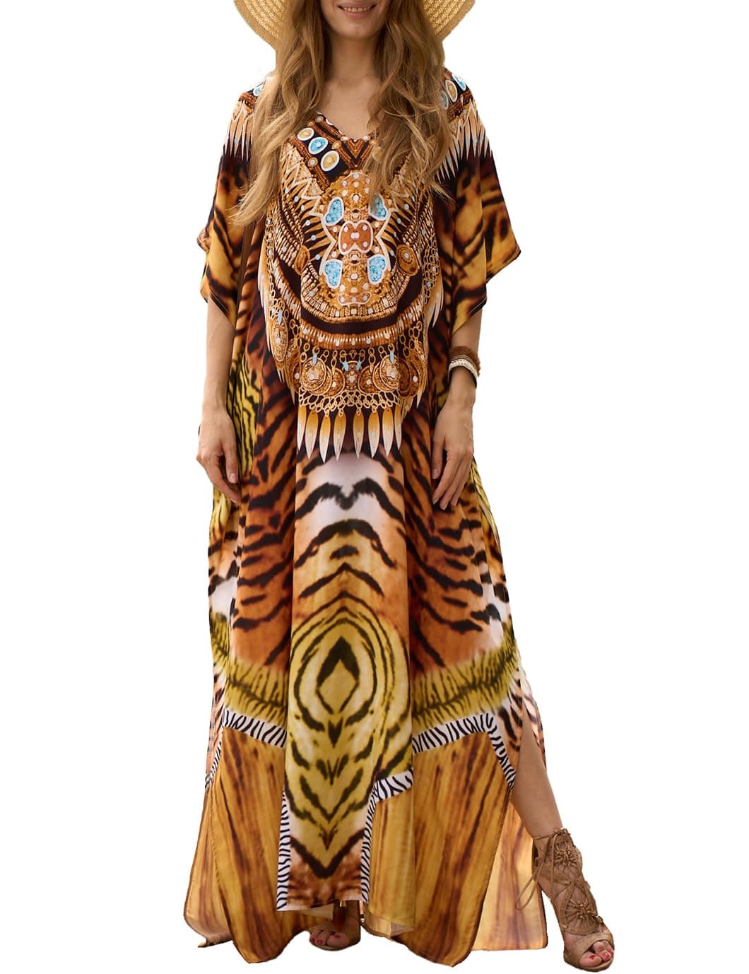 Eddoyee Kaftan Dresses for Women Short sleeve Ethnic Print Caftan Dresses V-neck Bathing Suit Cover-Ups
