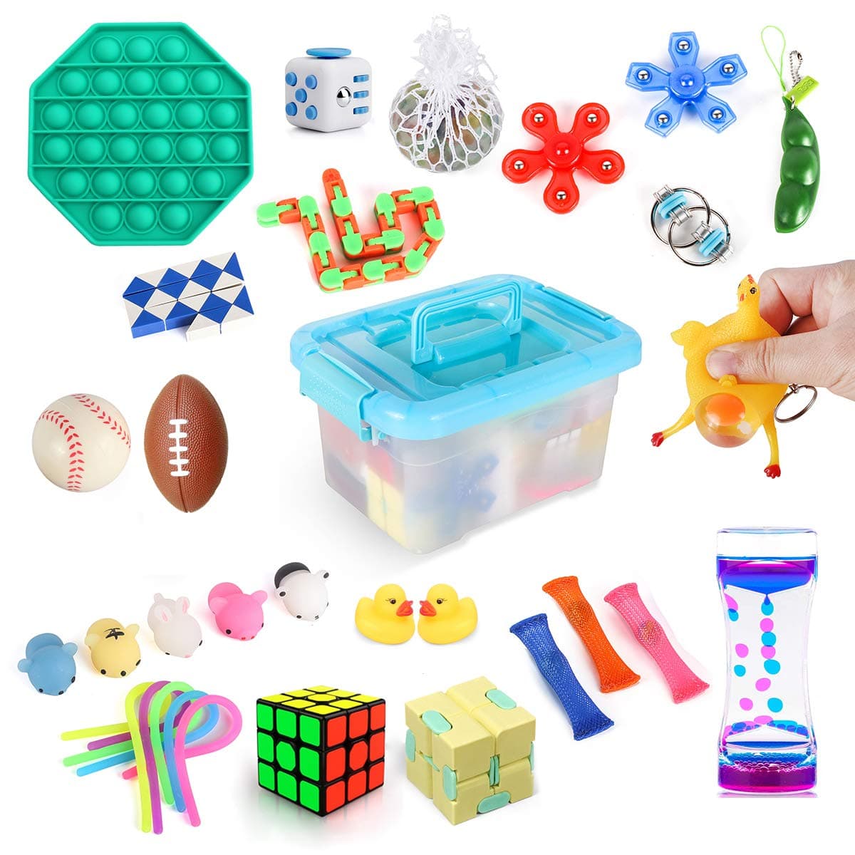 Fidget Toys Pack Set with Stress Balls Spinner Infinity Cube Tangle Simple Dimple Fidget Popper Push Pop Bubble Bike Chain Liquid Motion Timer Pea Stretchy String Snake Marble Mesh Sensory Toy Box