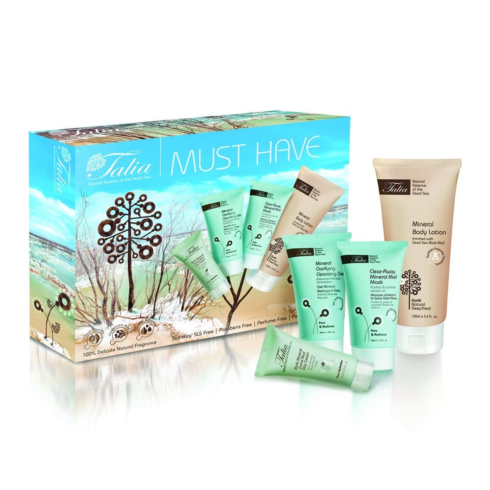 Talia Skin Care "Must Have Essentials Gift Package" - Multi-Mineral Facial Mud Day Cream, Mineral Clarifying Cleansing Gel, Clear Away Mud Mask, Mineral Body Lotion