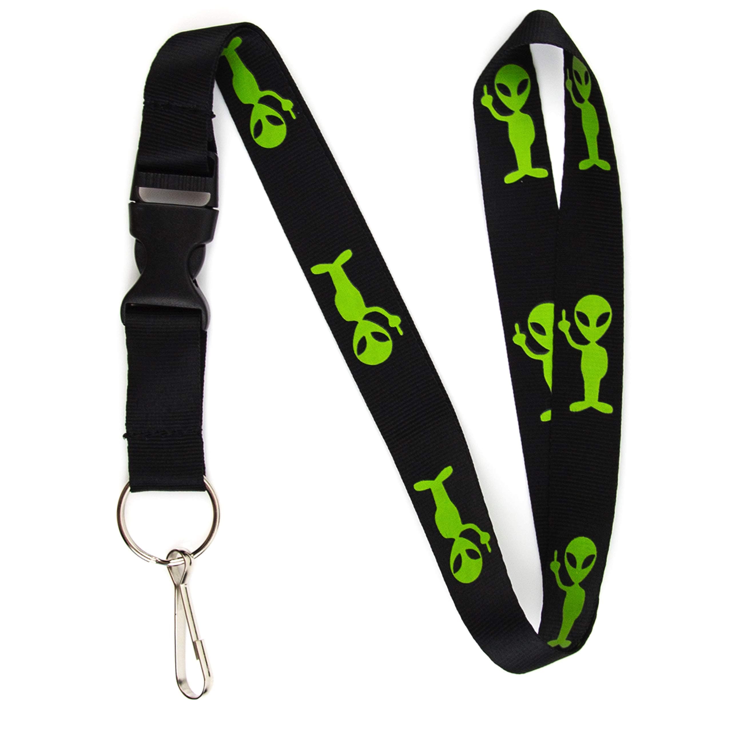 Alien w/Middle Finger Lanyard Keychain and ID Holder with Detachable, Breakaway Buckle for Keys or Badge - Durable Black Polyester - Funny Space Novelty Necklace