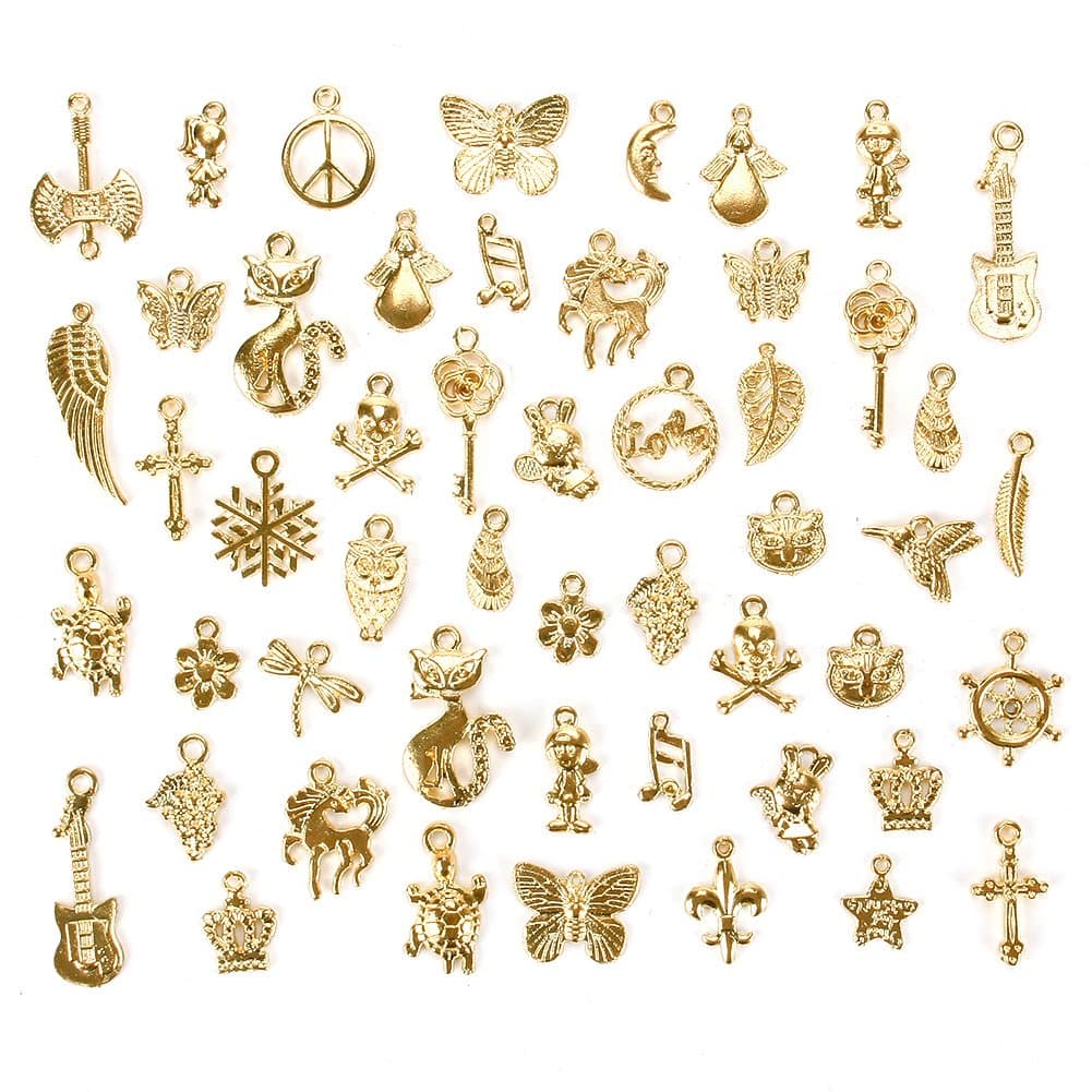 EUIRISTORE 50 Pieces Gold Plated Mixed Styles Charms Pendants DIY Jewelry for Necklace Bracelet