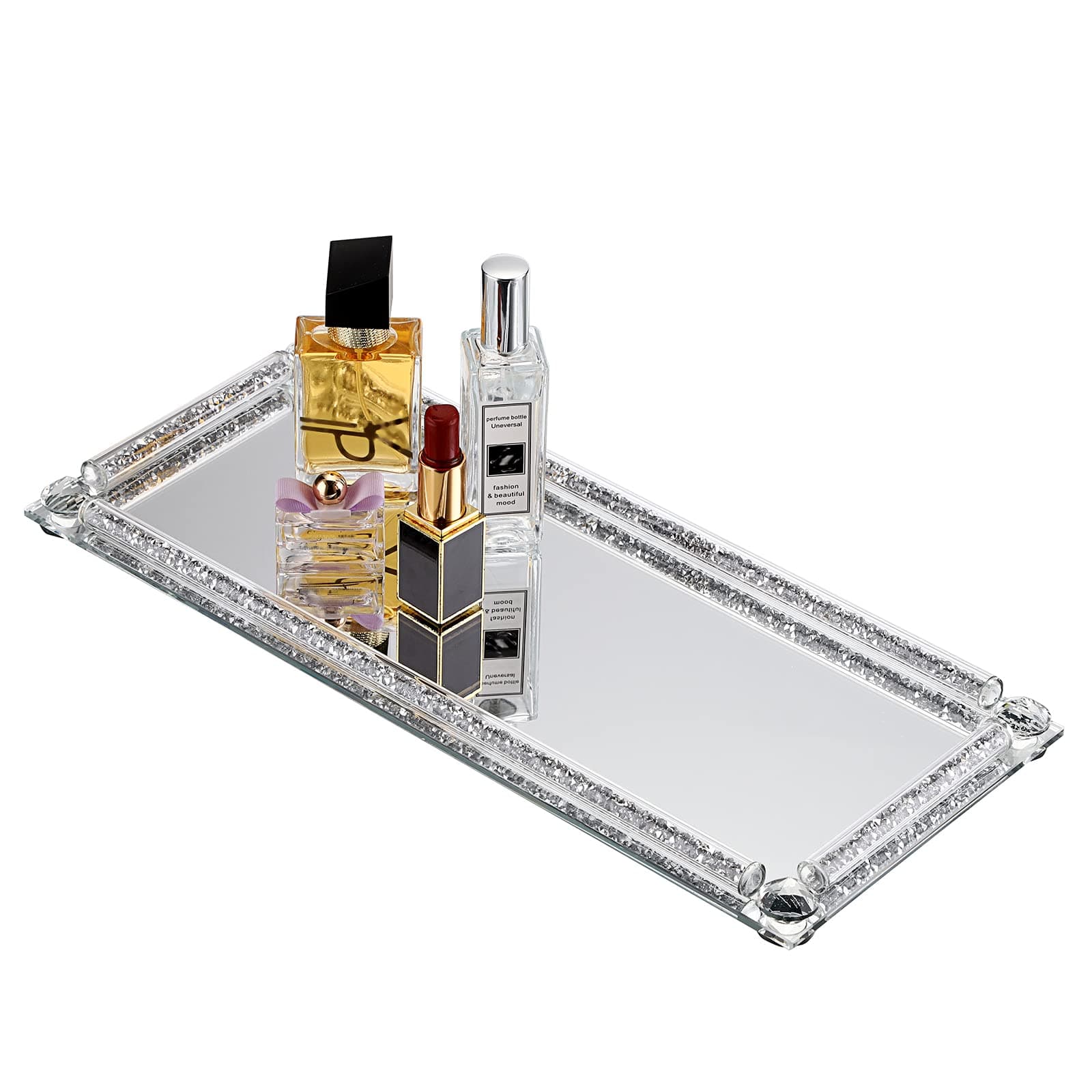 JUXYES Crushed Diamond Cosmetic Makeup Tray Sparkle Mirrored Vanity Tray, Heavy Decorative Jewelry Trinket Countertop Mirrored Decorative Tray for Dresser Bathroom Bedroom