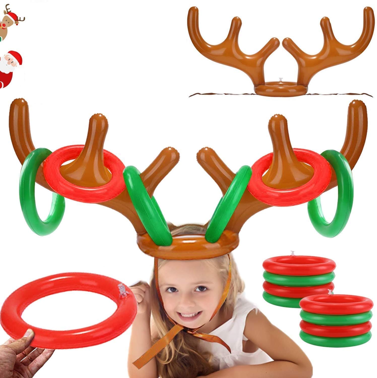 2PCS Christmas Party Toss Game Inflatable Reindeer Antler Hat with Rings for Kids Adults Family Xmas Fun Games(1 Pump๏ผ8 Rings, 2 Antlers)