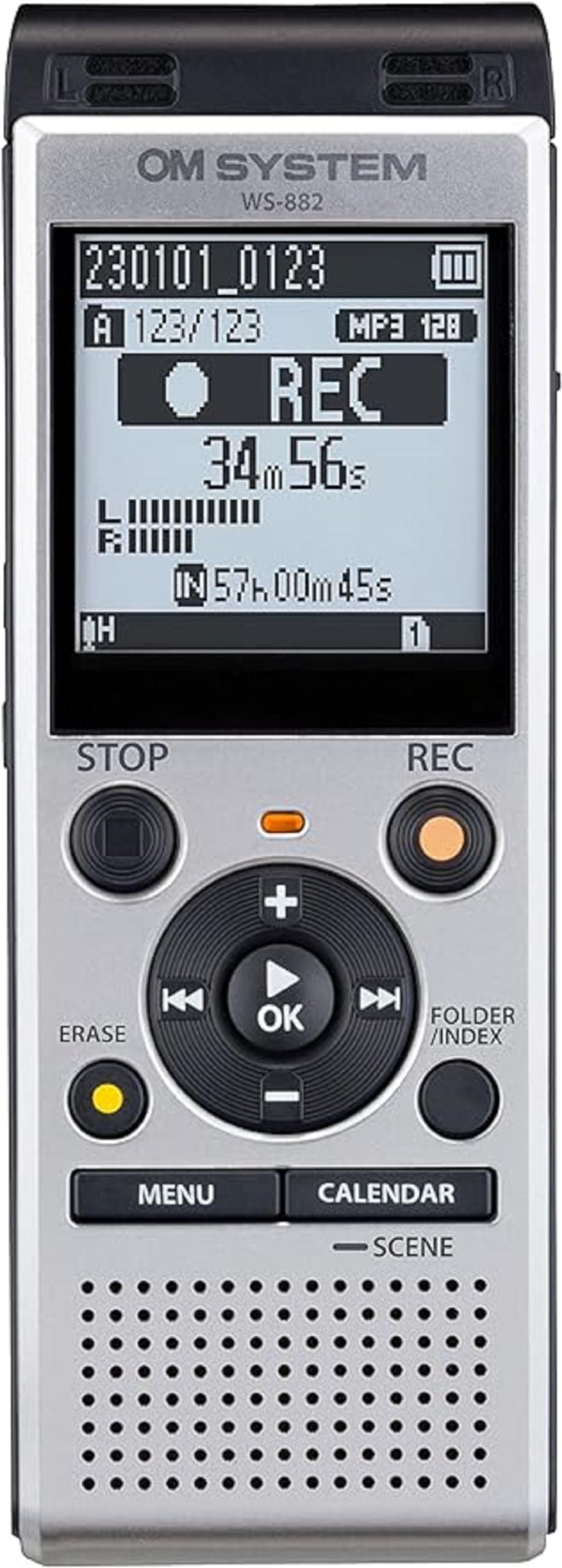 OM System WS-882 Digital Voice Recorder with PCM/MP3 Linear Recording Formats, Direct USB, 4GB Playback Speed and Volume Adjustment, File Index, Clear Files