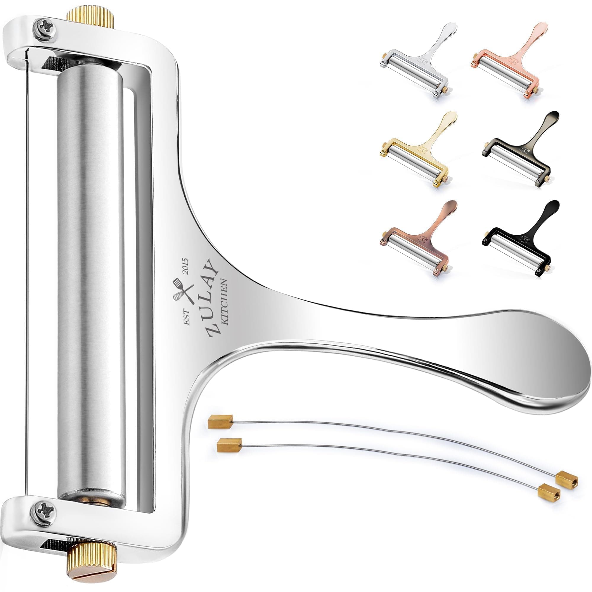 Zulay Kitchen Stainless Steel Wire Cheese Slicer - Adjustable Hand Held Cheese Cutter with 2 Extra Wires - Premium Cheese Shaver for Mozzarella, Cheddar, Gruyere - Cheese Cutter with Wire (Silver)