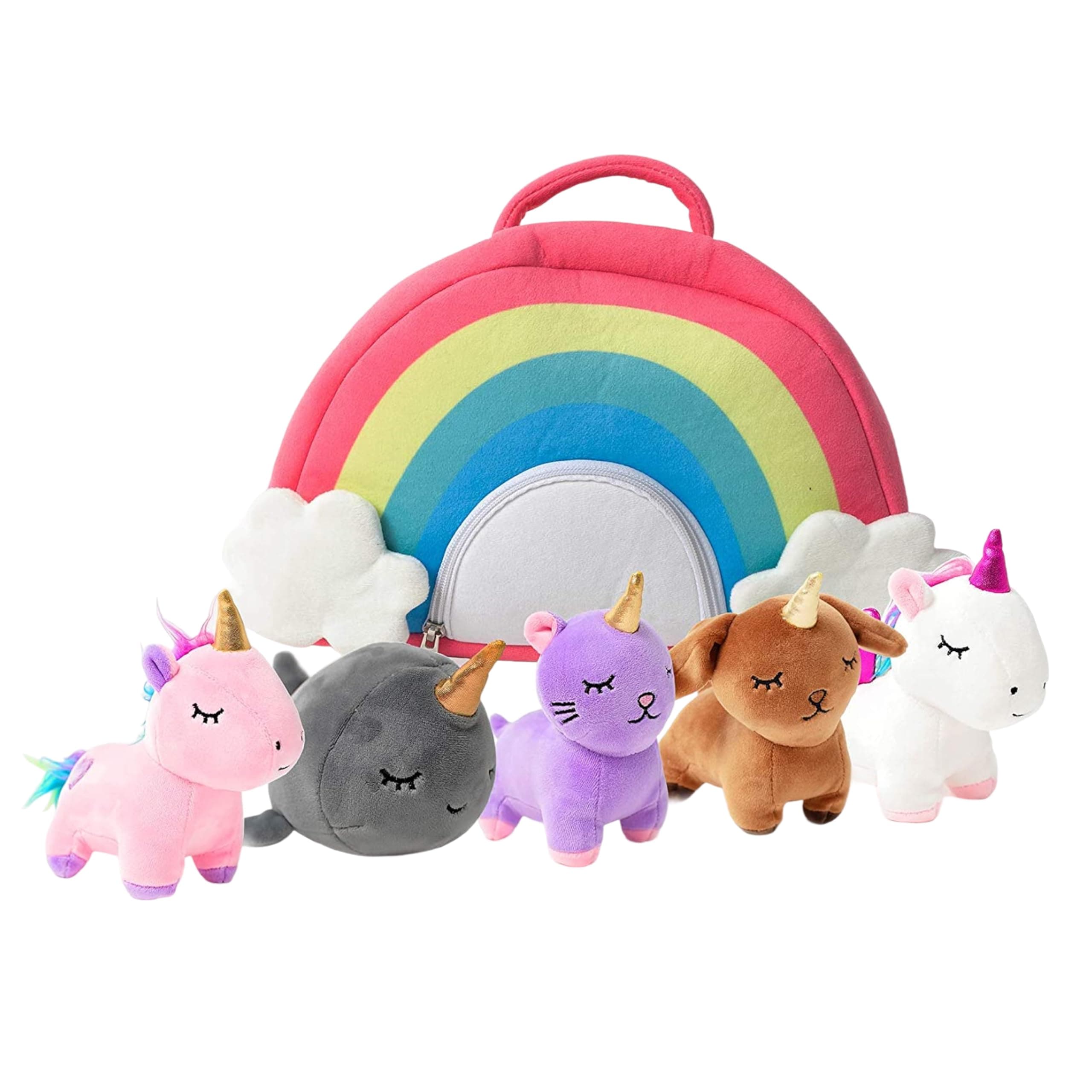 PixieCrush Unicorn Stuffed Animal Set - 5 Plush Toys for Girls with Narwhal, Puppycorn, Kittycorn and Rainbow Unicorn - Soft Plushies with Carry Case - Gift for Kids Ages 3 and Up