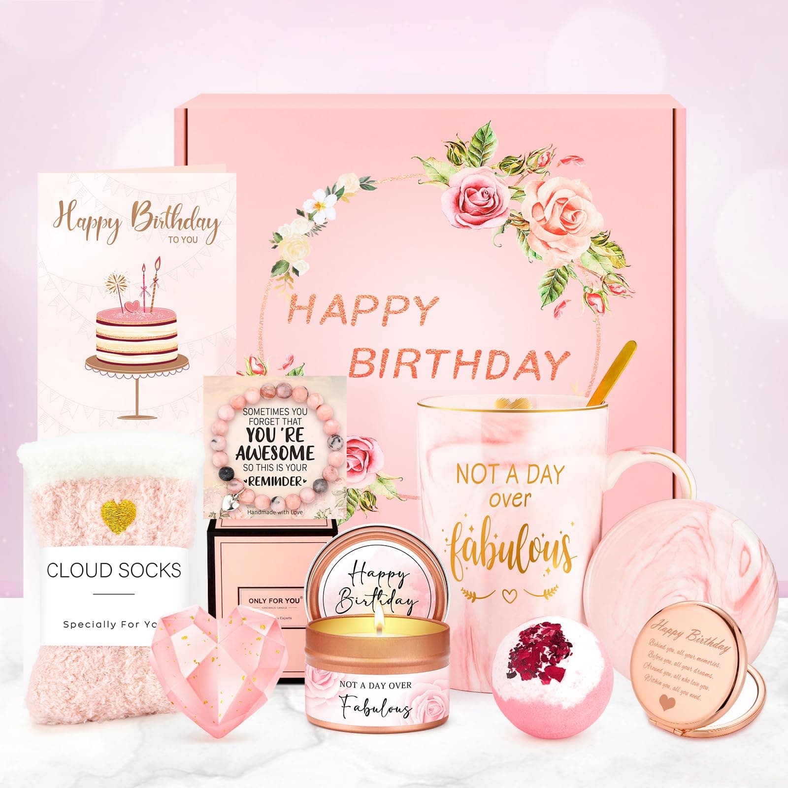 Birthday Gifts for Women Happy Birthday Gift Baskets for Women Unique Not A Day Over Fabulous Mug Gift ideas Pink Gifts Box Set Presents for Her Friends Mom Sister Wife Coworkers Daughter Aunt Mom