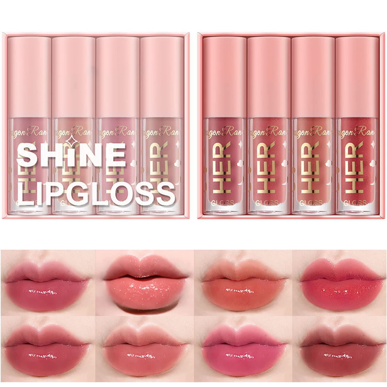 Azonee 8 Pcs Shimmer Lip Gloss Crystal Jelly Liquid Lipstick Set Moisturizing Hydrating Long Lasting Lip Gel With Pink Box (A&B)