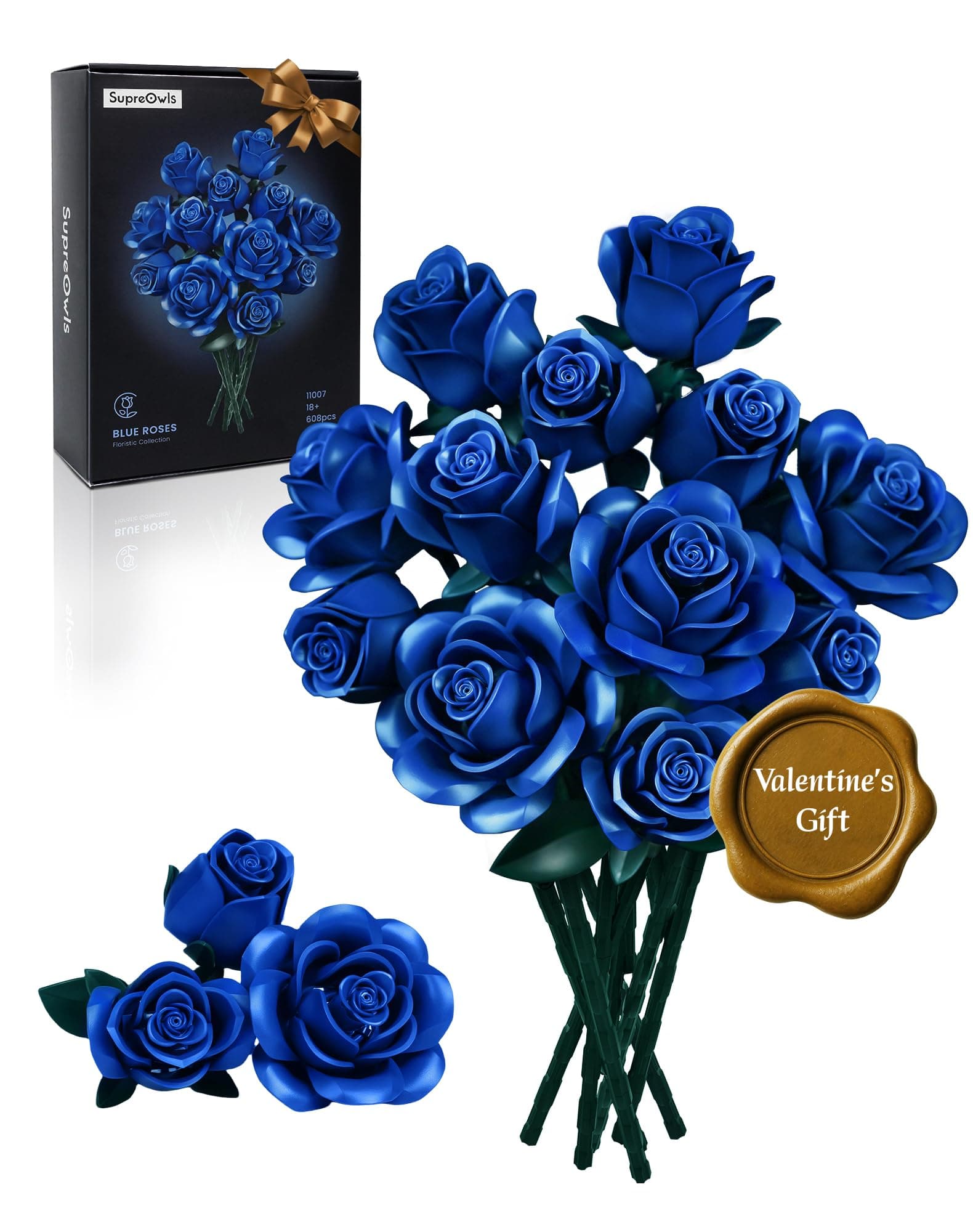 iATOM Blue Rose Bouquet Building Set, 12Pcs Flowers Botanical Collection for Adults, Valentine's Day Gift for Her/Girlfriend/Mom/Wife/Couple, Vintage Home Office Table Centerpiece Decor Aesthetic