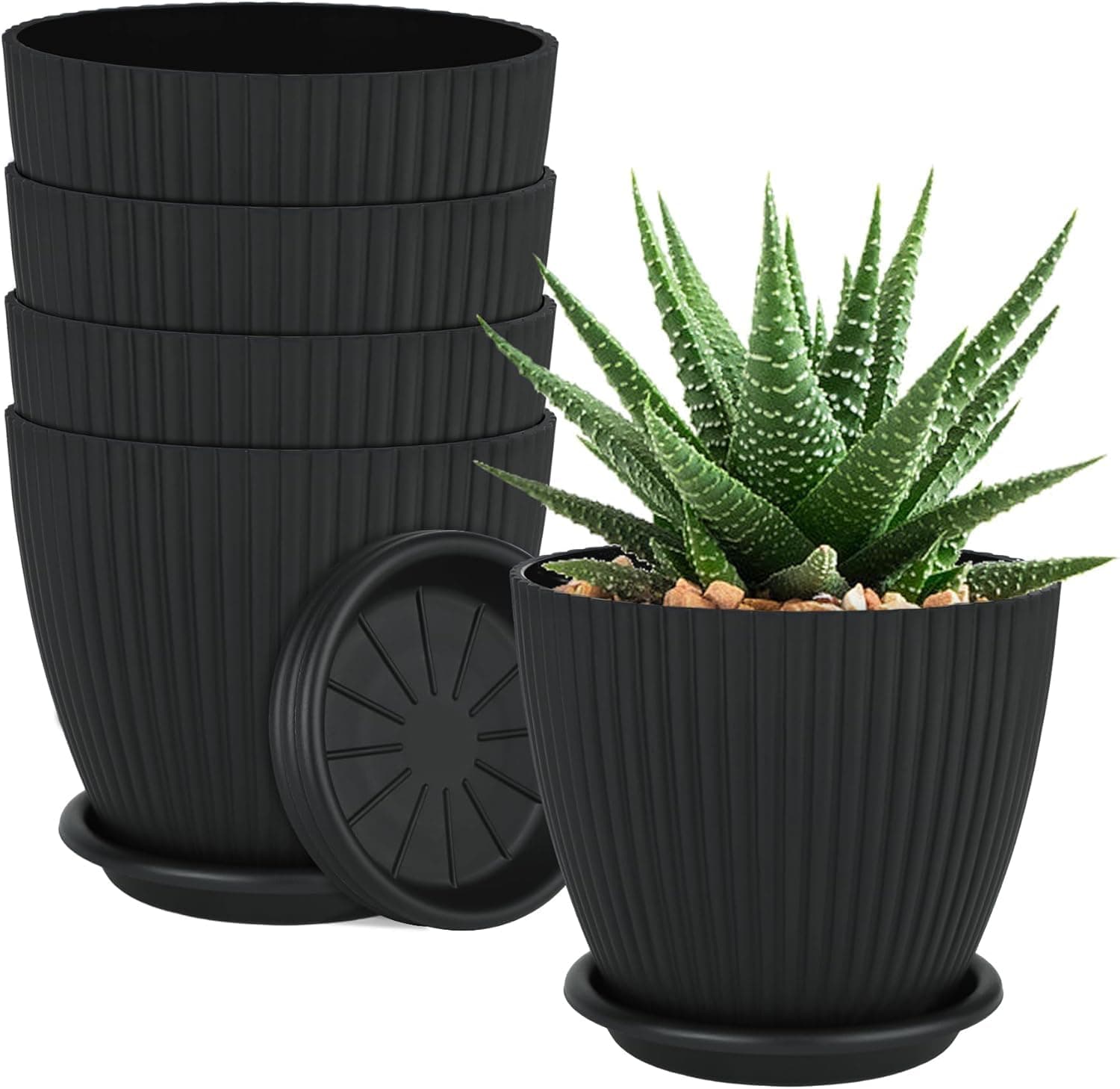 INKULTURE Plastic Round Flower Pots with Tray for Home Planters, Terrace, Garden Etc | Pack of 05 | Black | Size 6.5 Inch | for Home Indoor & Outdoor Gardening Plants
