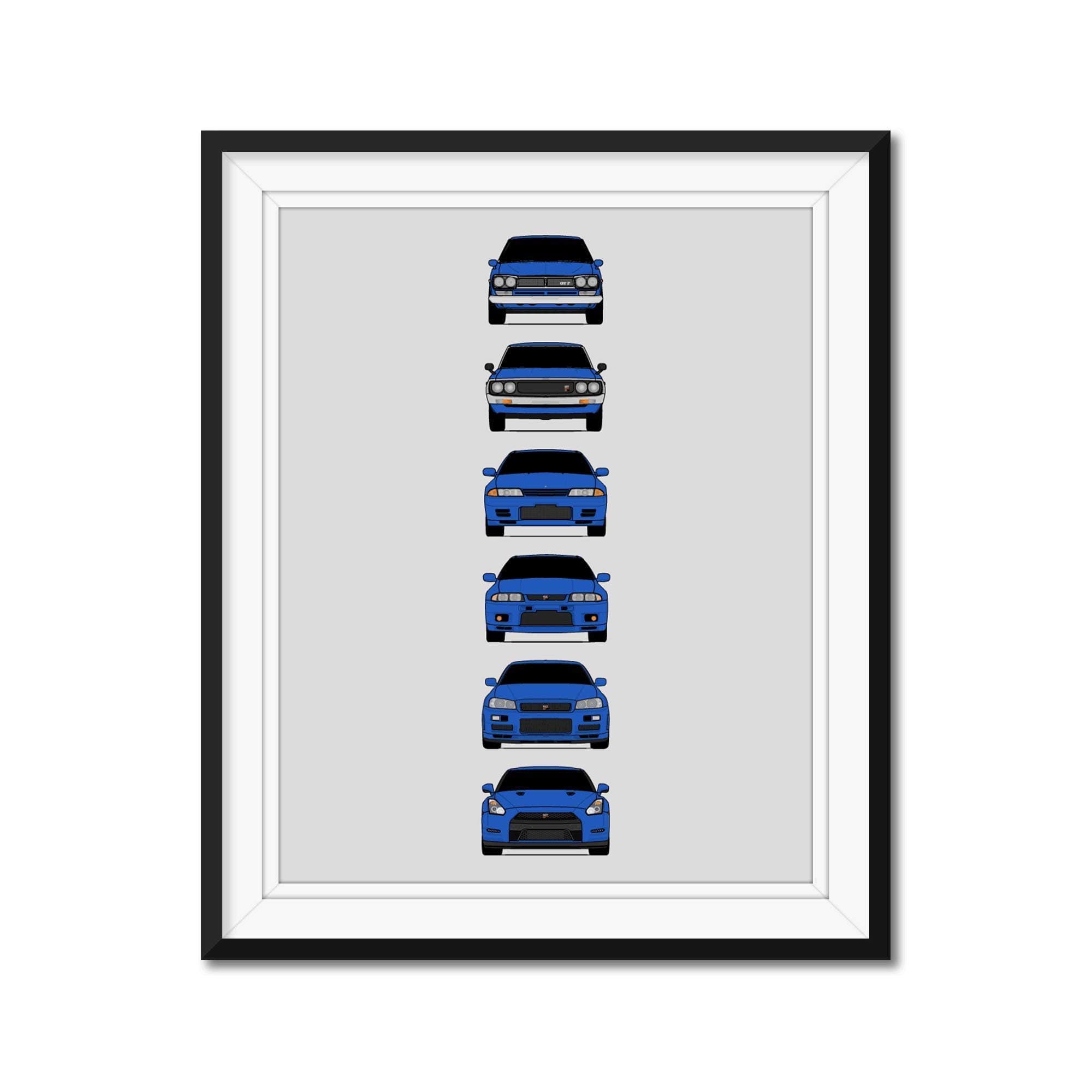 History of Nissan Skyline GT-R and Handmade Print of Nissan Skyline GTR (KPGC10, KPGC110, R32, R33, R34, R35) - Bayside Blue, 11x14" Metallic Print (Unframed)- Gift Car Enthusiast