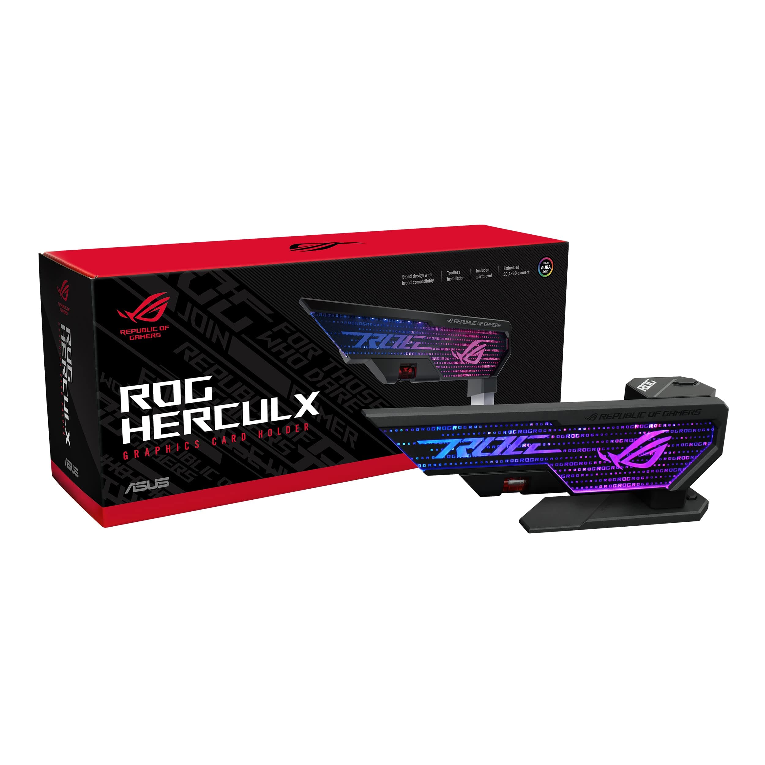 ASUS ROG Herculx Graphics Card Holder, Universal, Graphic card holder, Thermoplastic, Zinc, Black, Grey, Blue, Green, Red, 3-pin Addressable RGB - 90DA0020-B09000