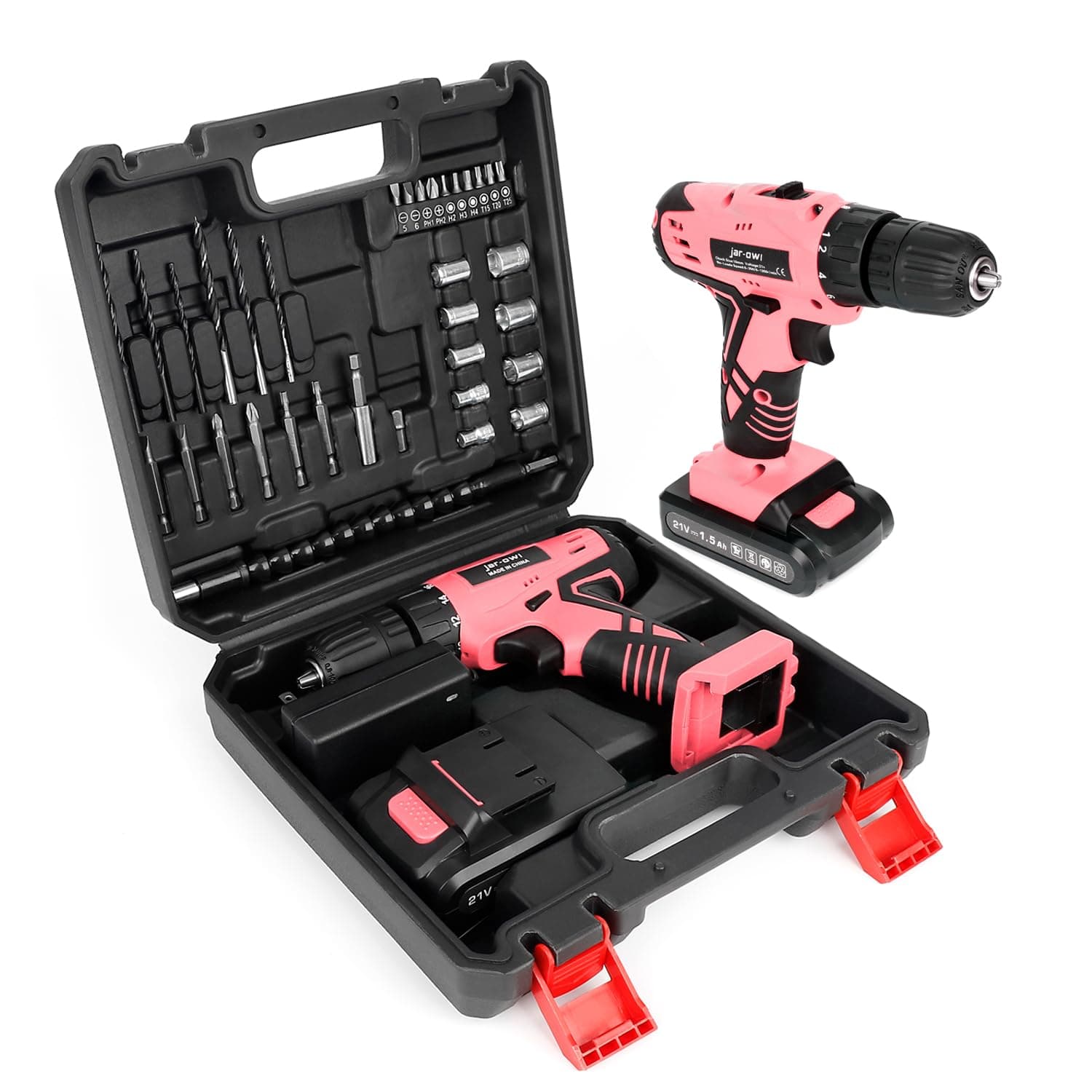 Jar-Owl 21V Pink Cordless Drill Set for Women，350 in-lb Torque, 0-1350RMP Variable Speed, 10MM 3/8'' Keyless Chuck, 18+1 Clutch, 1.5Ah Li-Ion Battery & Charger for Home DIY and Repair - Black & Pink
