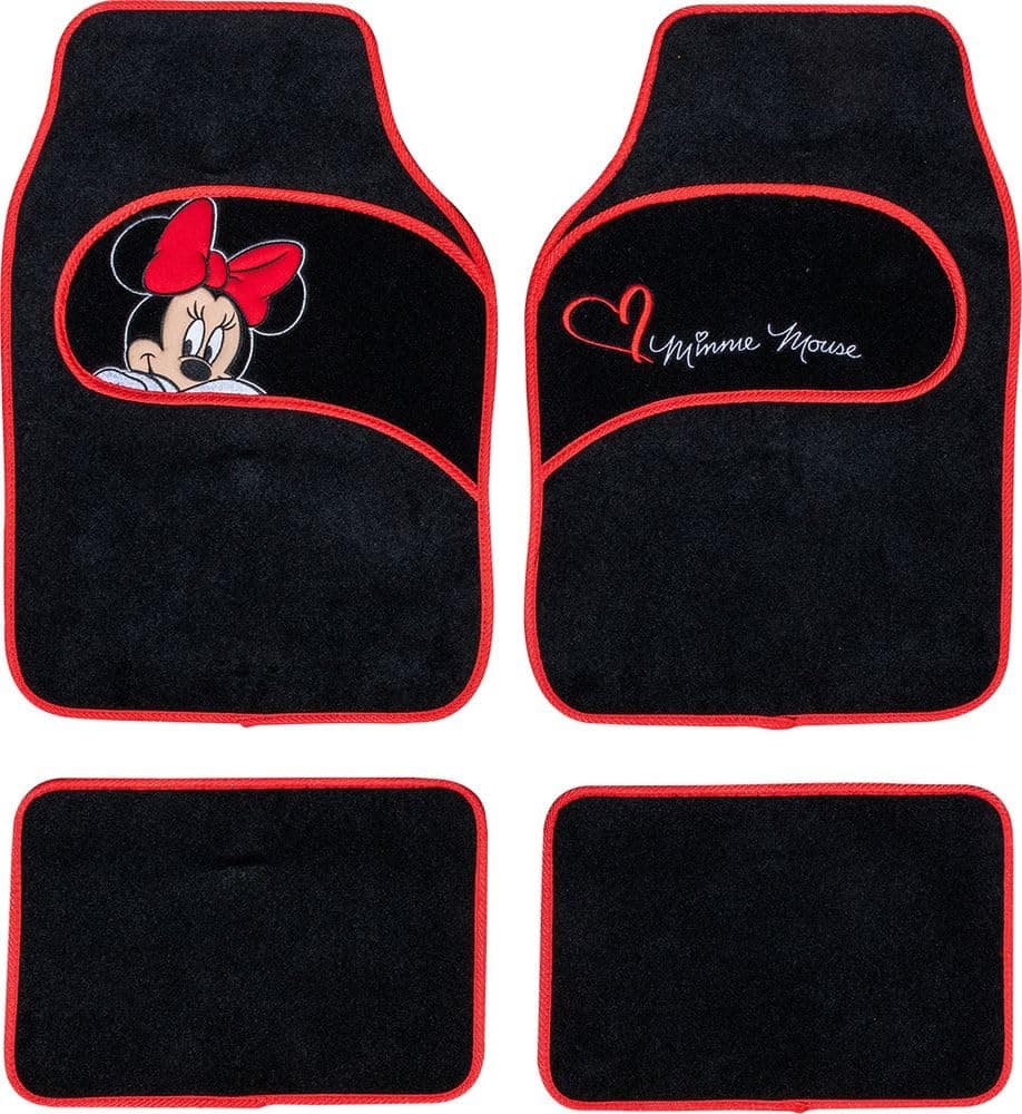 Tataway - Disney Minnie Mouse Car Mats | Universal Fit | Set of 4 | Carpet Rug Material | Dimensions 65x42.5 cm & 30x40 cm, Black, Size 1