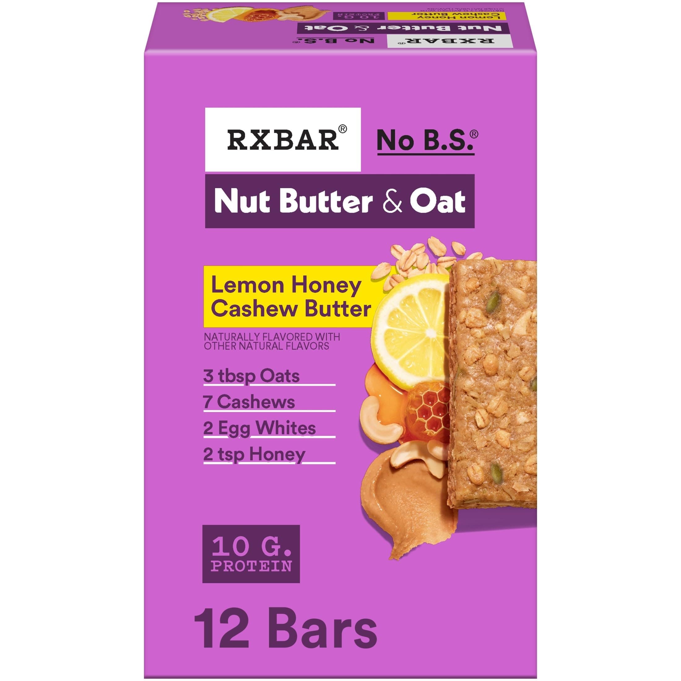 Nut Butter and Oat Protein Bars, Protein Snacks, Snack Bars, Lemon Honey Cashew Butter, 23.2oz Box (12 Count)