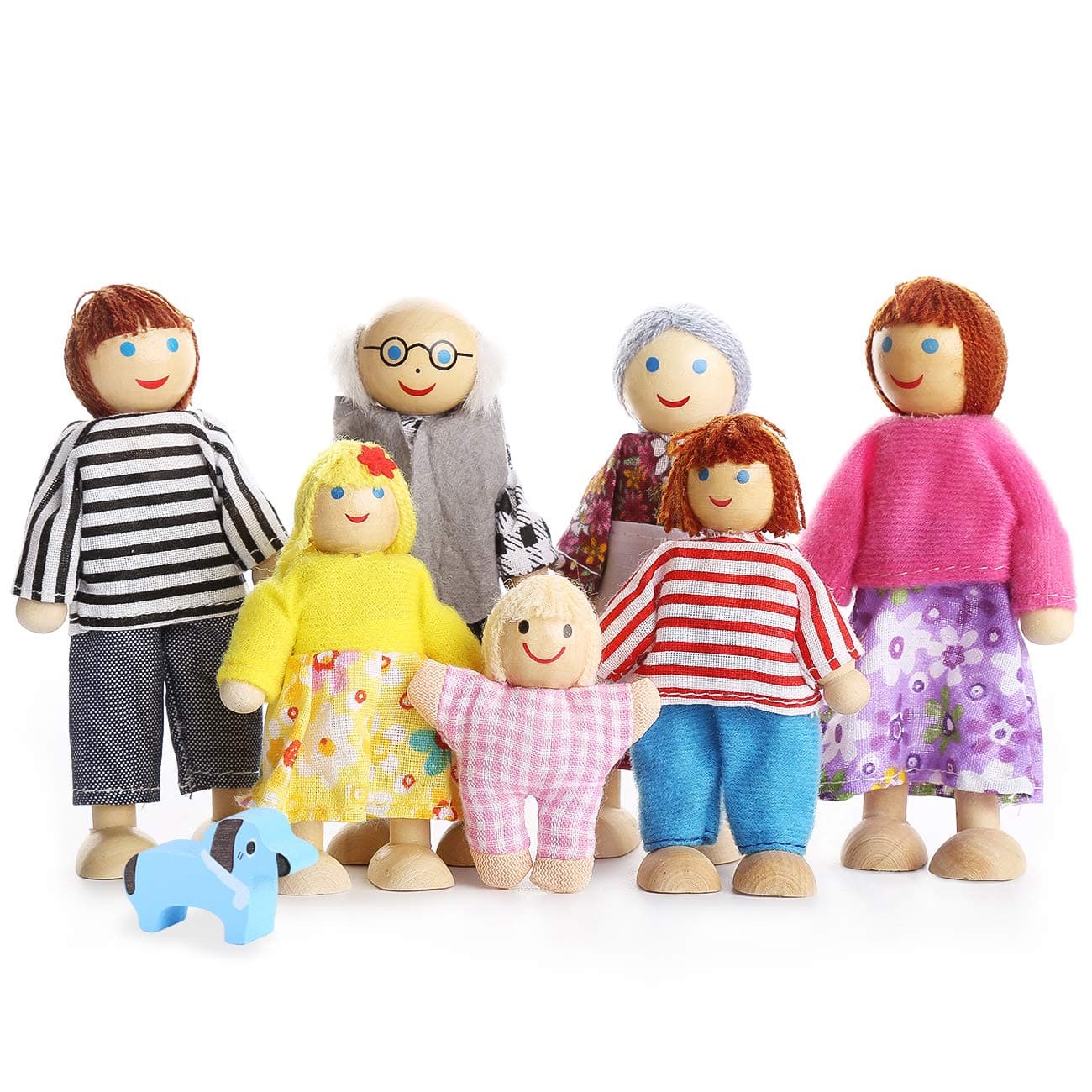 Lovely Happy Family Dolls Playset Wooden Figures Set of 7 People with Dog for Kids Children Toddlers Dollhouse Pretend Gift