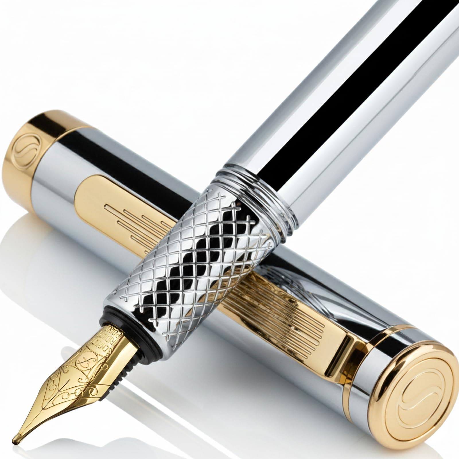 Silver Chrome Fountain Pen (Fine), Award Winning, Heavy Pocket Stunning Luxury Pen, Real Gold Plating and Genuine Schmidt Nib, Includes Converter, Fancy EDC Writing Gift Set for Men & Women