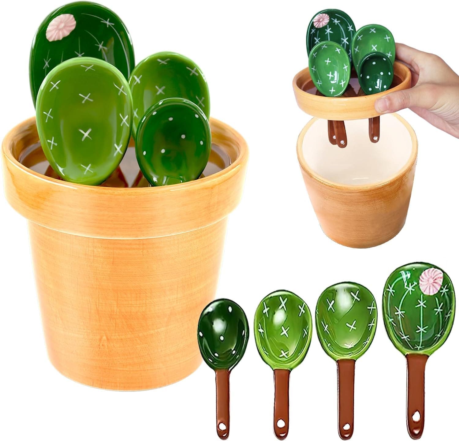 MengCat 5-Piece Ceramic Cactus Measuring Spoons Set - Green, Cute Organizer Included - Kitchen Dry Wet Measuring Liquid Food Salt and Sugar Kawaii Spoon with Base Cup