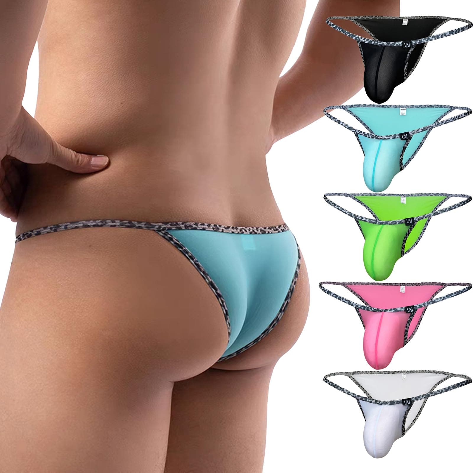 FaringotoMen's Sexy Low-Waist Thin Bulge Pouch Bikini Briefs String Breathable Leopard Pattern Underwear