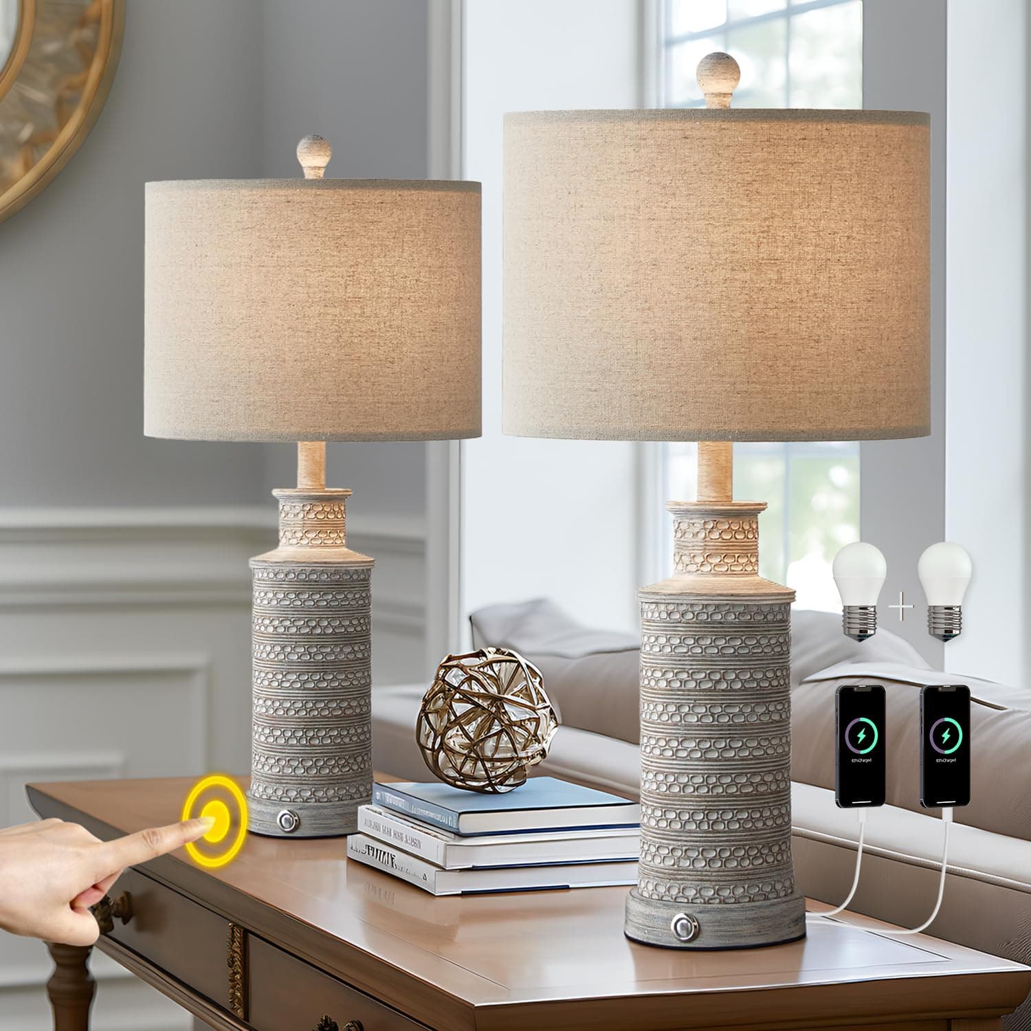 ZASTION 3-Way Dimmable Touch Control Table Lamp Set of 2 with Dual USB Charging Ports for Bedroom Living Room Vintage Rustic Farmhouse Traditional Nightstand Bedside Lamps(Bulbs Included)