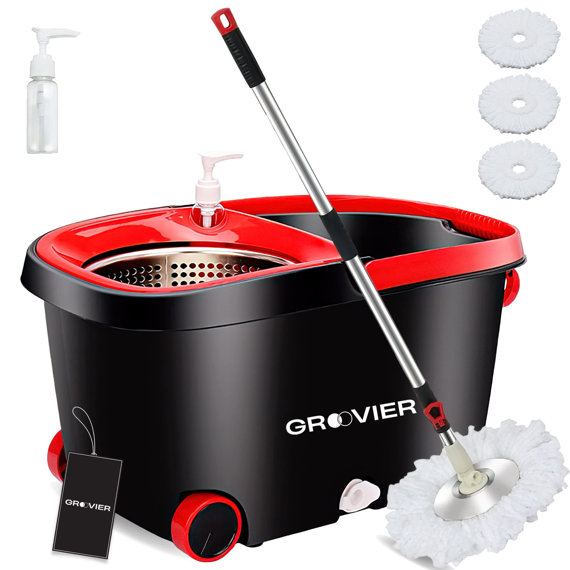 GROOVIER Spin Mop and Bucket with Wringer Set 3 Microfiber Mop Refill 360° Spinning Floor Mop Bucket on Wheels for Fast Cleaning 125cm Extended Handle