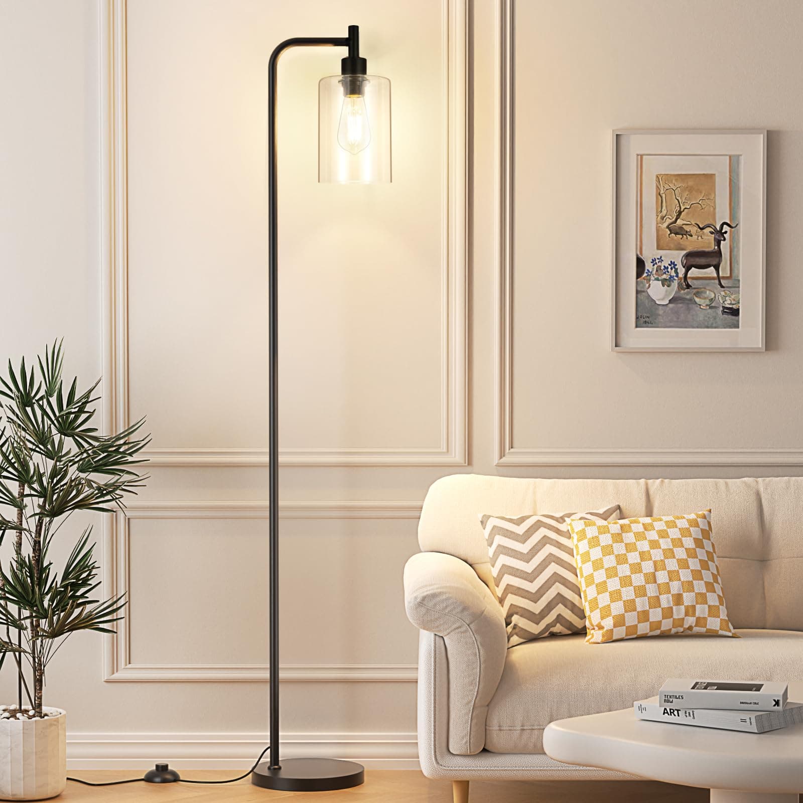Industrial Floor Lamp with Glass Shade - Black, LED Bulbs, Foot Pedal Switch, Easy Assembly