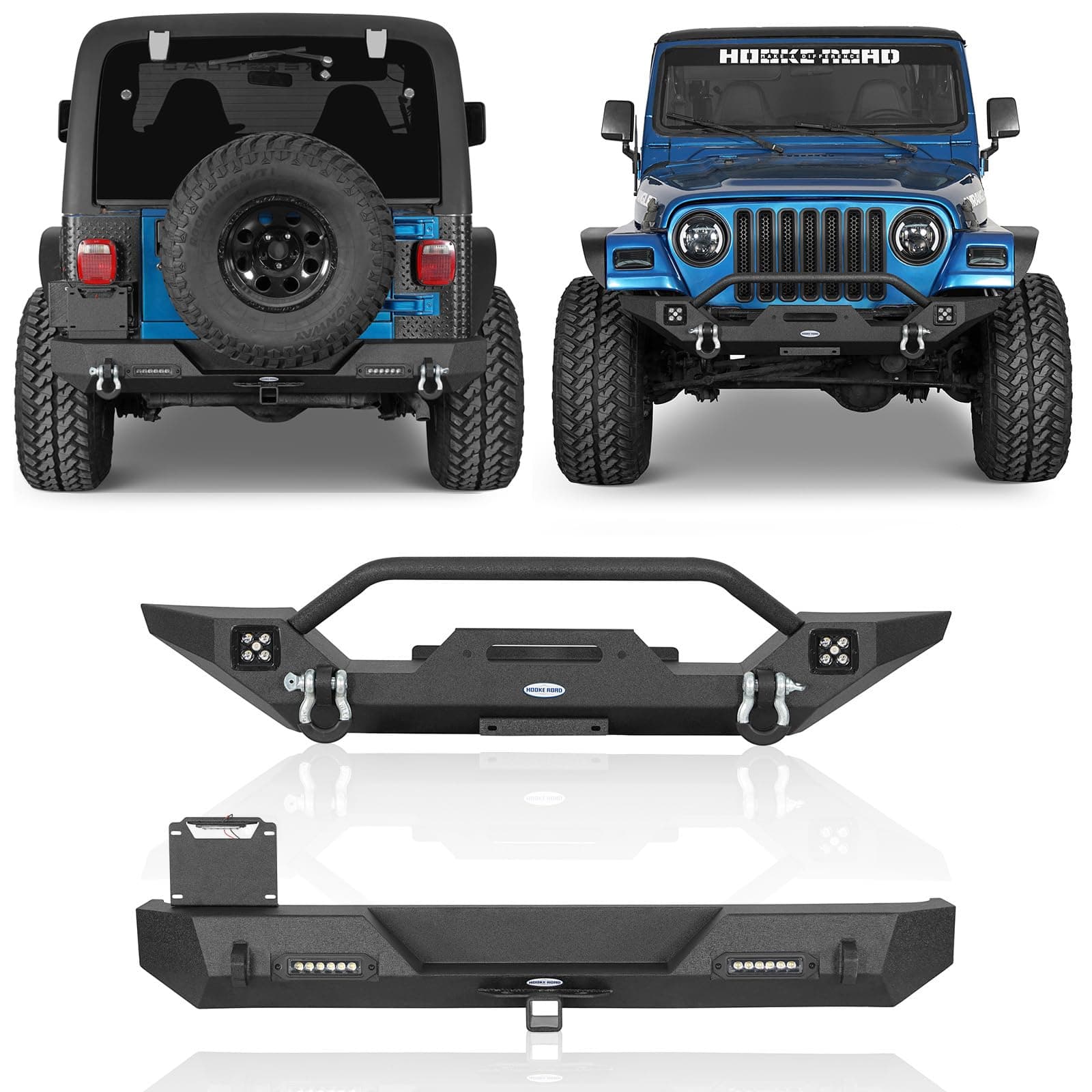 Hooke Road Wrangler YJ TJ Bumper Combo Front + Rear Bumpers with D-Rings & Receiver Hitches Compatible with Jeep Wrangler YJ TJ 1987-2006