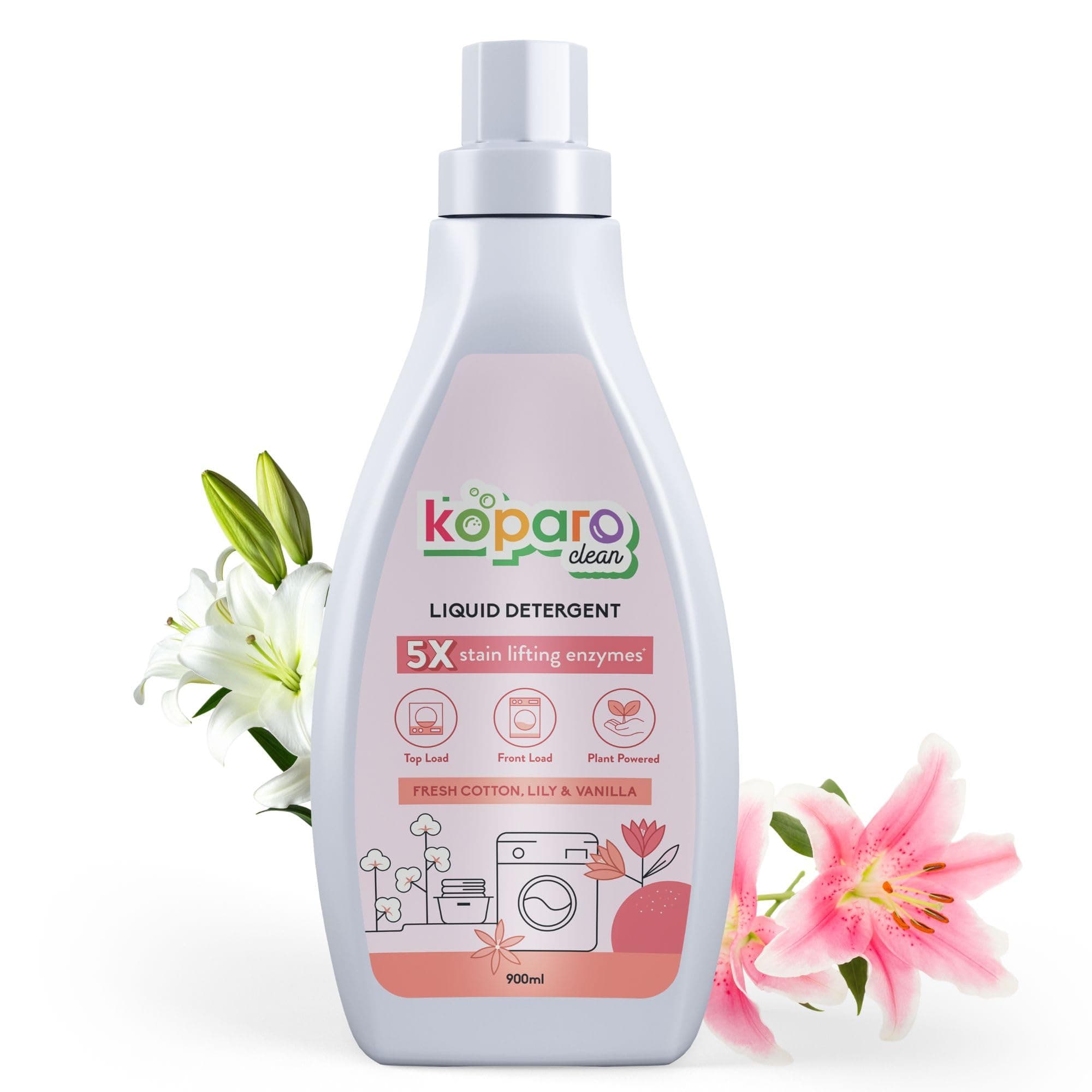 Koparo Natural Laundry Liquid Detergent | 900ml | Fresh Cotton, Lily & Vanilla | Top Load, Front Load Washing Machine & Hand Wash Friendly | Organic & Eco-Friendly | Tough on Stains, Safe for Kids
