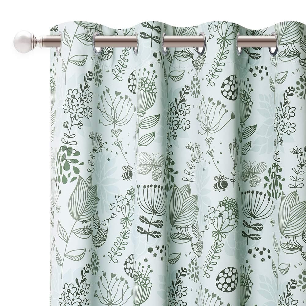 KGORGE Flower Curtains, Floral Printed Curtains Blackout, Thermal Insulation Window Decor for Patio Door/Townhouse, Colorful Curtain Panels Grommet Top, W 52 x L95, Laurel Green, 2 Pcs