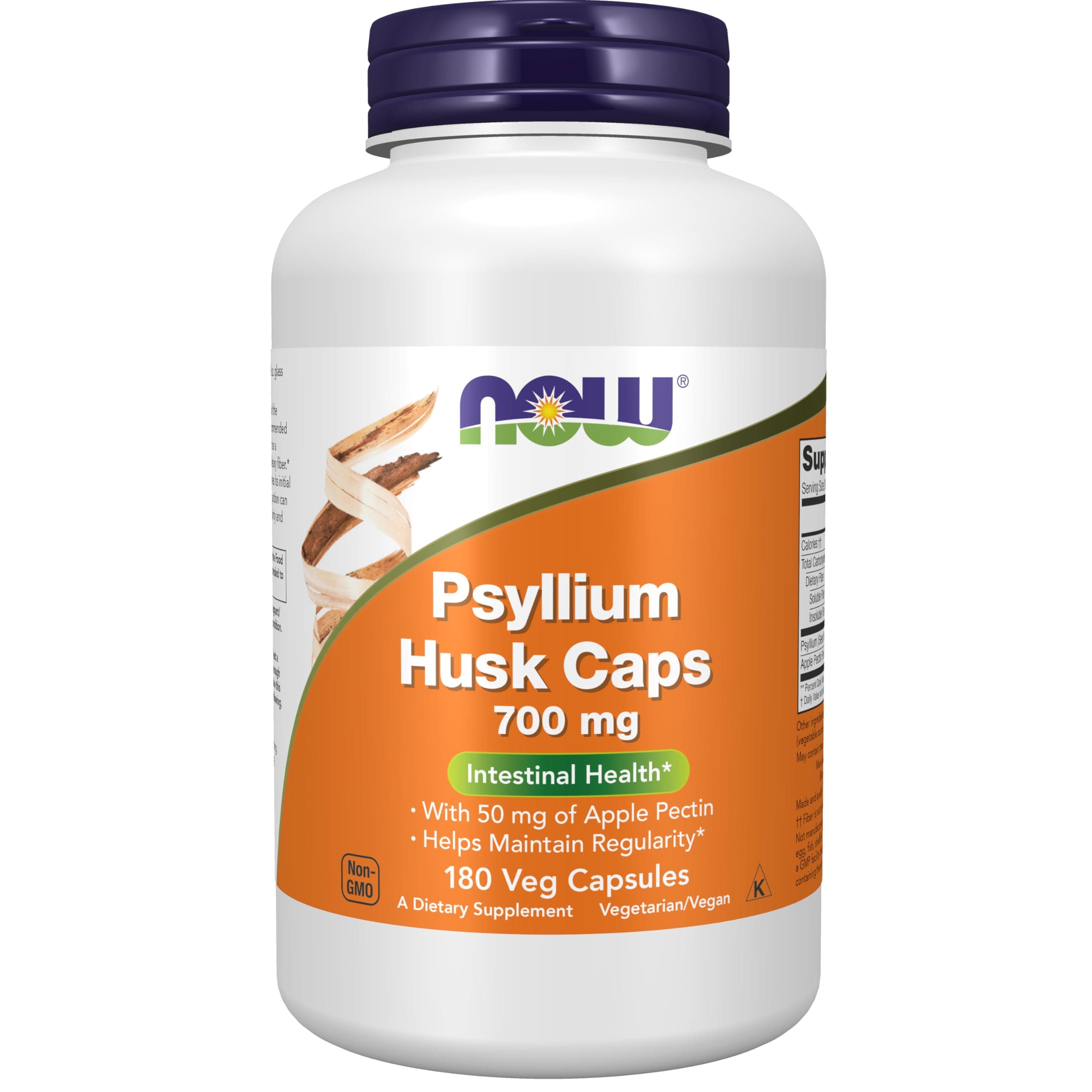 NOW Foods Supplements, Psyllium Husk Caps 700 mg with 50 mg of Apple Pectin, Intestinal Health*, 180 Veg Capsules