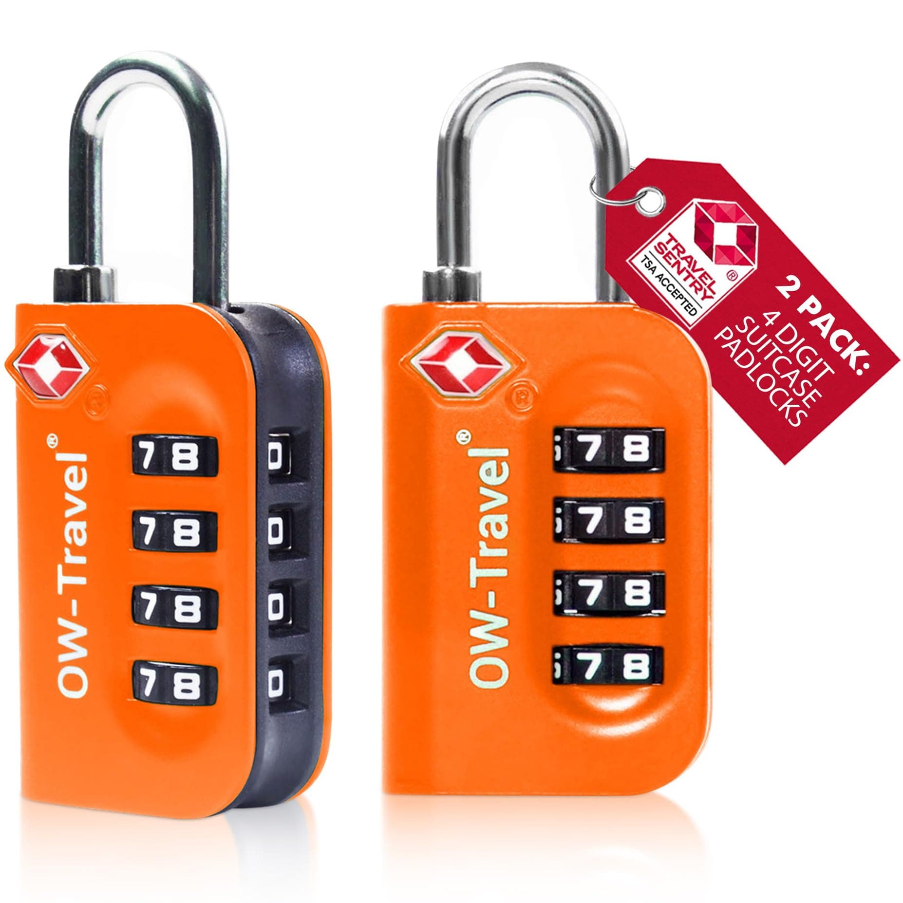 OW-Travel TSA Approved Luggage Locks Suitcase Locks (2 Pack Orange) 4 Digit Security Suitcase Padlock. Travel Bag Combination Luggage Padlocks for Suitcases. TSA Travel Lock for Bags and Cases