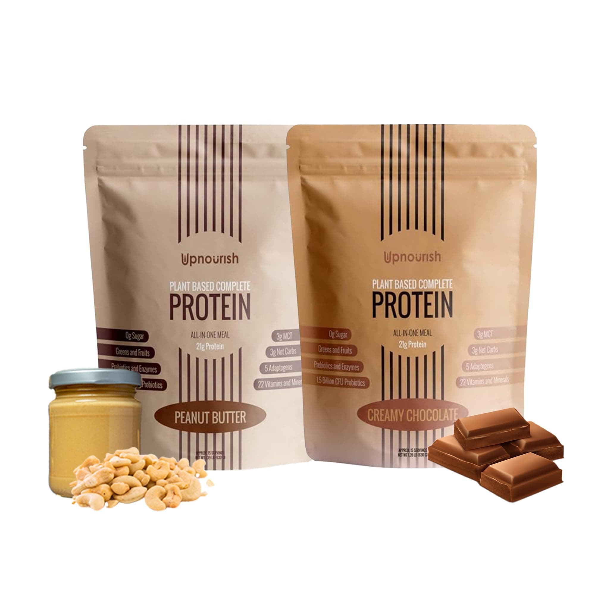 UpNourish Plant-Based Protein Meal Replacement Shakes - Keto, Vegan-Friendly, Gluten and Dairy-Free Smoothies with Essential Nutrients - Chocolate and Peanut Butter - 15 Servings Each