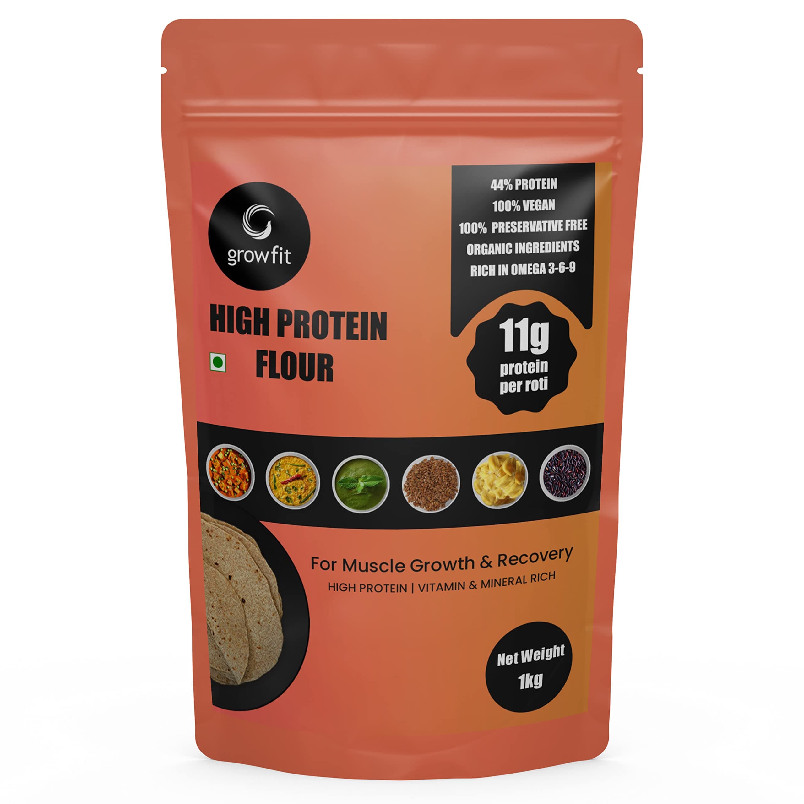 G growfit High Protein Flour 44% (1kg) | Soy & Preservative Free | High Protein Low Carb | Helps Build Muscle & Recovery | For Roti, Bread, Pizza, Cake etc | Contains Wheat | Contains Oats Groats | Black Rice | Contains Jackfruit | Amaranth | Flax and Pea protein