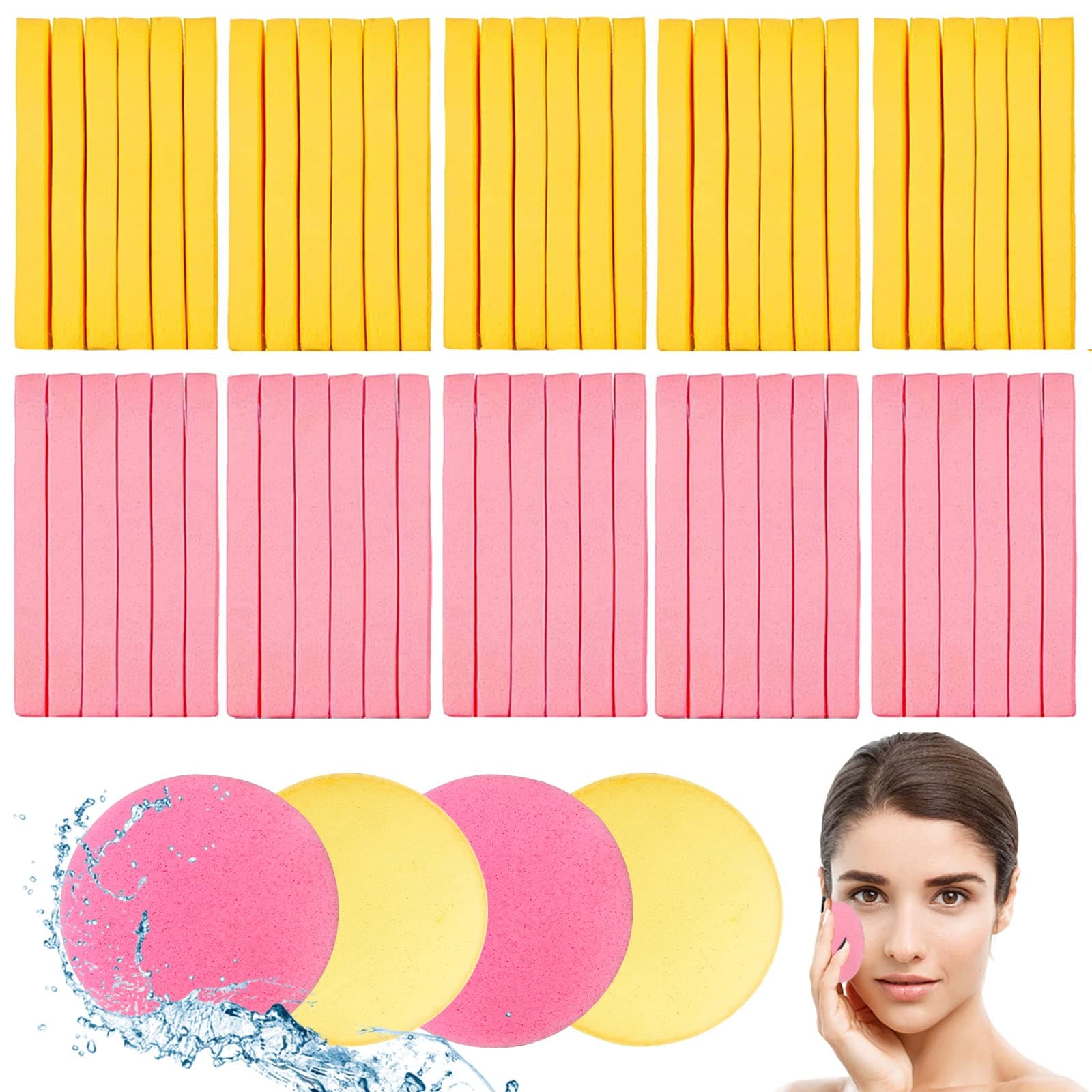 120 Pcs Facial Sponge Compressed,Face Cleansing Sponge Makeup Removal Sponge Pad,Exfoliating Wash Round Sponge for Women,Girls(Pink,Yellow)