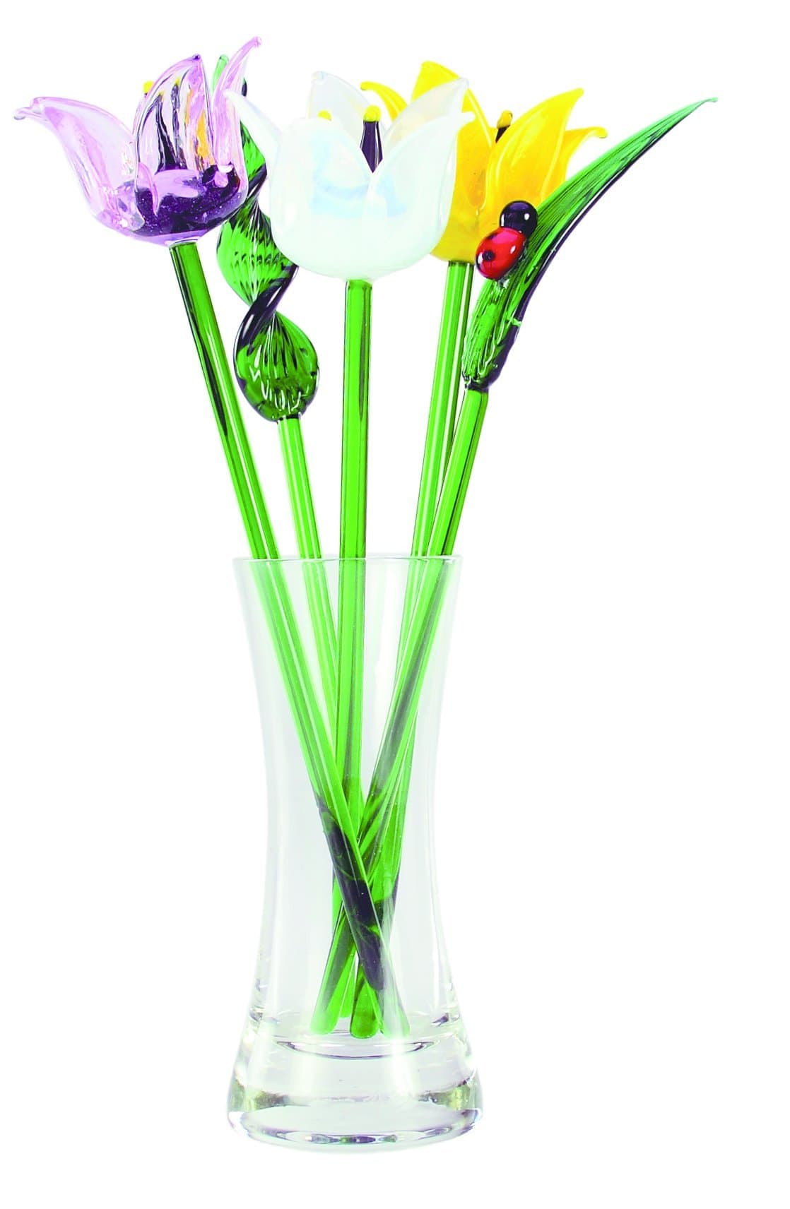 Spring Tulips Hand Blown Glass Flower Set - Includes Vase and Leaves with Red Ladybug
